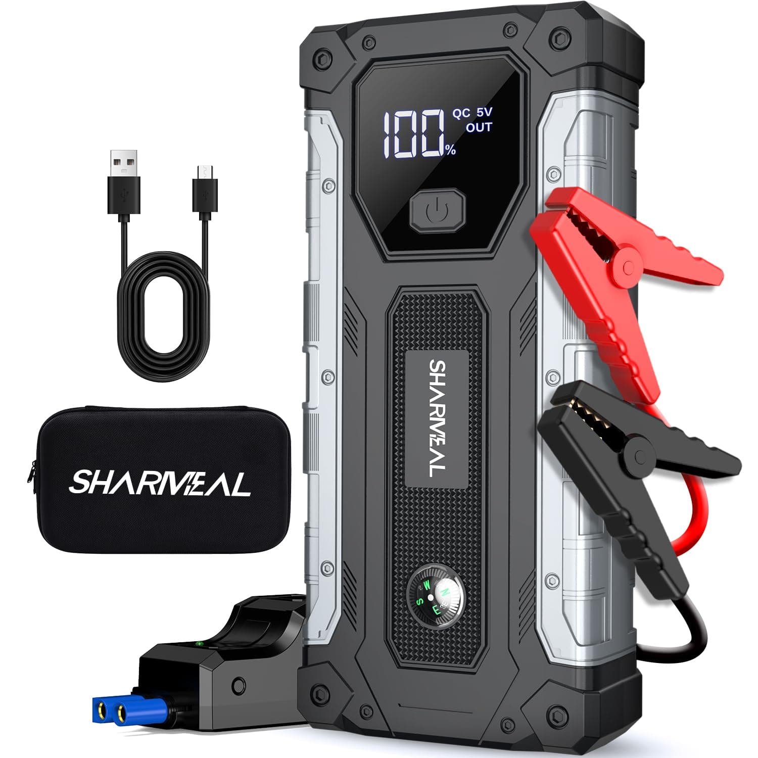 Sharmeal Booster Batterie Voiture 8000A, Démarreur Batterie Voiture Portable(Tout Essence ou 10L Diesel), 12V Jump Starter, Pinces de Sûreté Intelligentes, Grand Écran LCD, 400 Lumière LED 3 Modes