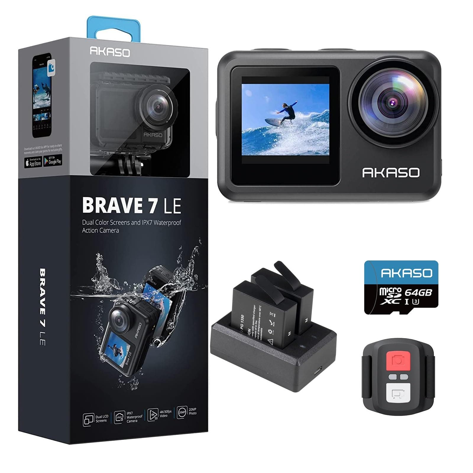 AKASO Brave 7 LE Cámara Deportiva 4k30FPS 20MP WiFi con Tarjeta de Memoria U3 de 64 GB, Cámara Acuatica Sumergible 40M IPX7, Resistente al Agua, EIS, Pantalla Táctil