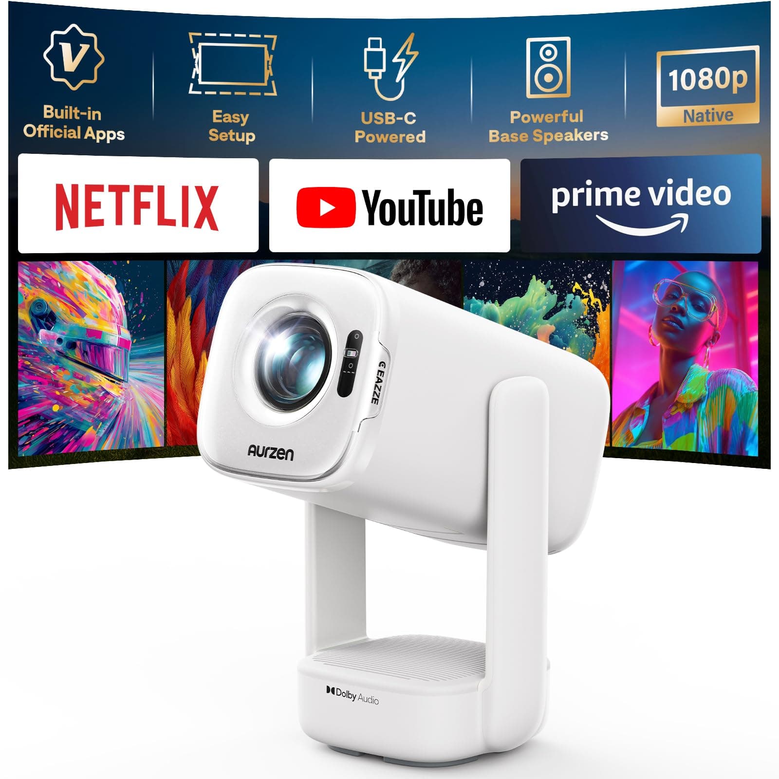 Aurzen D1 Air Videoprojecteur Portable WiFi Bluetooth, Smart TV avec Apps, 1080P Natif HDR10, Auto-Focus/Keystone, USB-C, Audio Haute Fidélité, Projecteur Extérieur pour Cinéma Maison