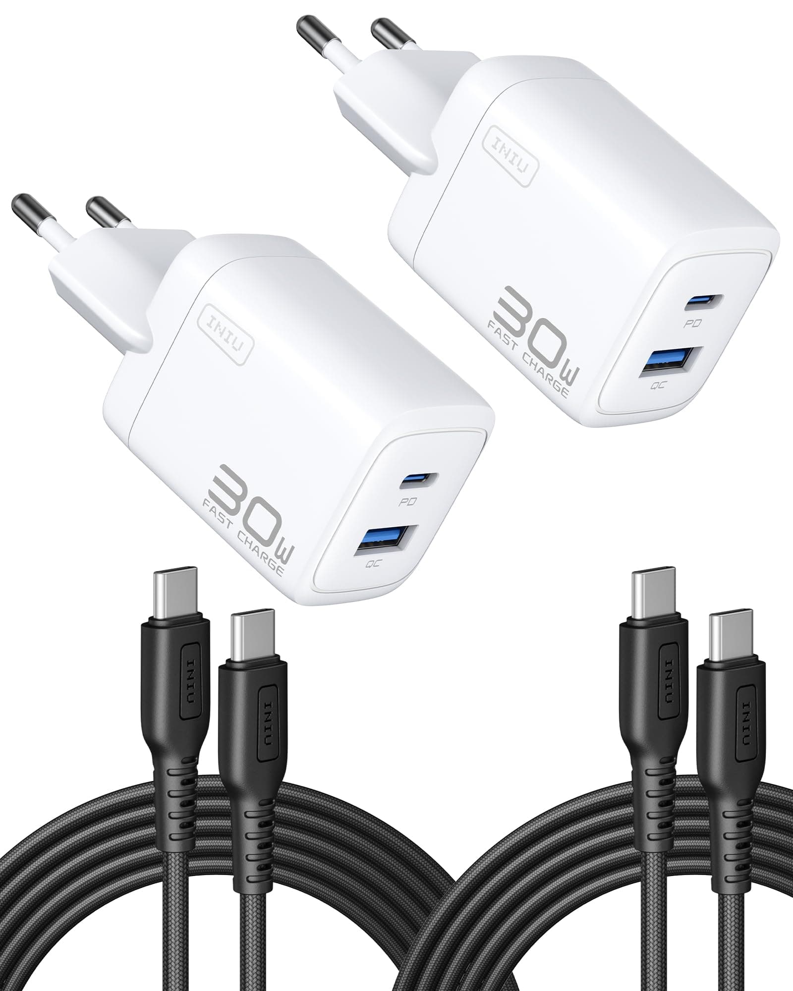 INIU 30W USB C Ladegerät, 2 Stück [USBC + USBA] Schnellladegerät mit Kabel, GaN PD Mehrfach Netzteil für iPhone 17 16 15 Pro Max, iPad Pro, MacBook Air, Galaxy S26 S25 Ultra, Google 10, Switch etc