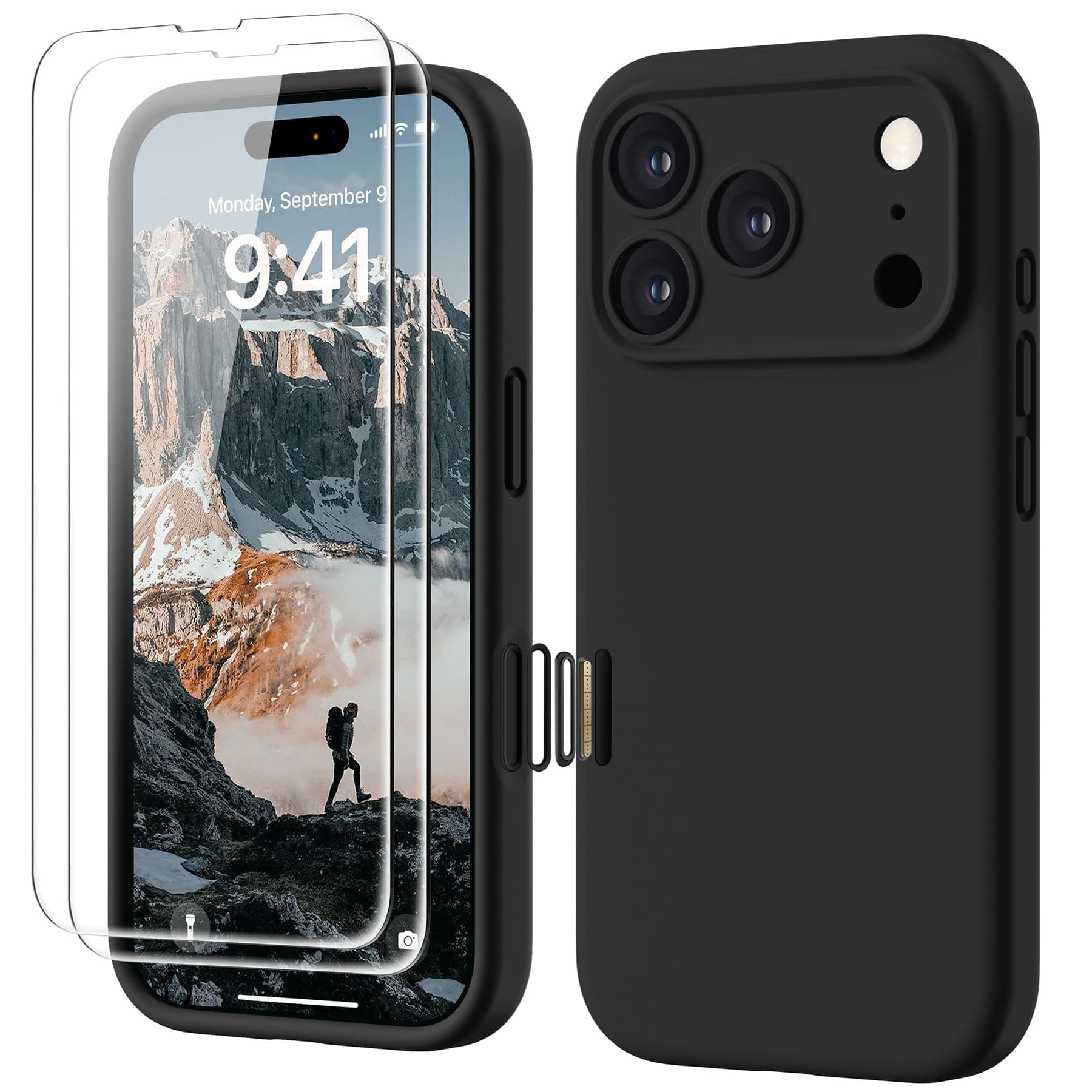 GOODVISH 4 en 1 Coque iPhone 17 Pro Silicone avec Bouton de Contrôle Caméra, avec 2 Verre Trempé, 360° Protection Étui Précise Résistant aux Rayures Antidérapant iPhone 17 Pro Case 6.3", Noir