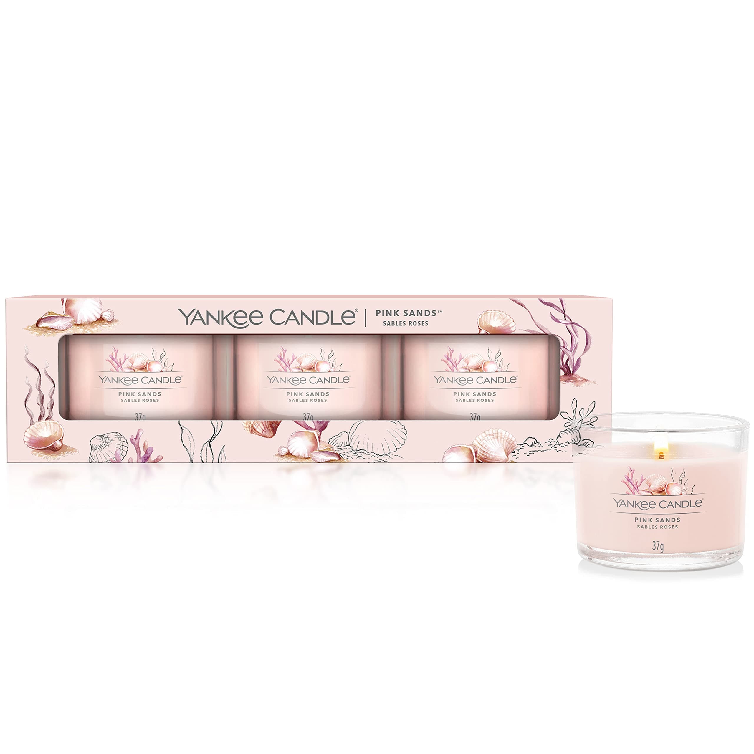 Yankee Candle Duftkerzen-Geschenkset | Votivkerzen mit Pink Sands | Soja-Wachs-Mix | 3 Teile