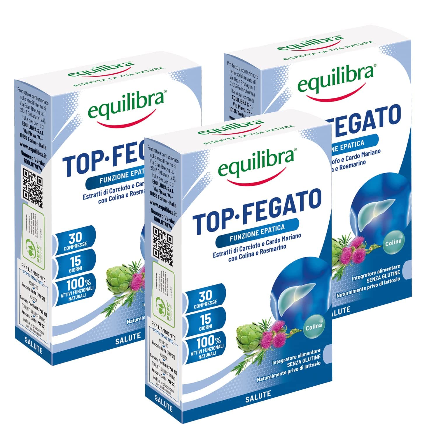 Equilibra Integratori Alimentari, Top Fegato, Integratore Depurativo Fegato per la Normale Funzione Epatica, Con Aloe Vera, Cardo Mariano, Colina, Carciofo, Rosmarino, 3 Pezzi da 30 Compresse