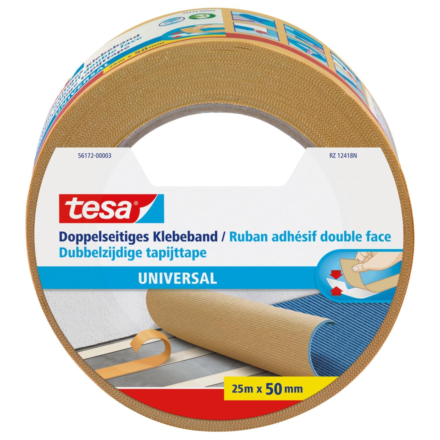 tesa Doppelseitiges Klebeband Universal - Vielseitiges Klebeband für Verpackungen, Deko und Teppiche oder zum Basteln - 25 m x 50 mm