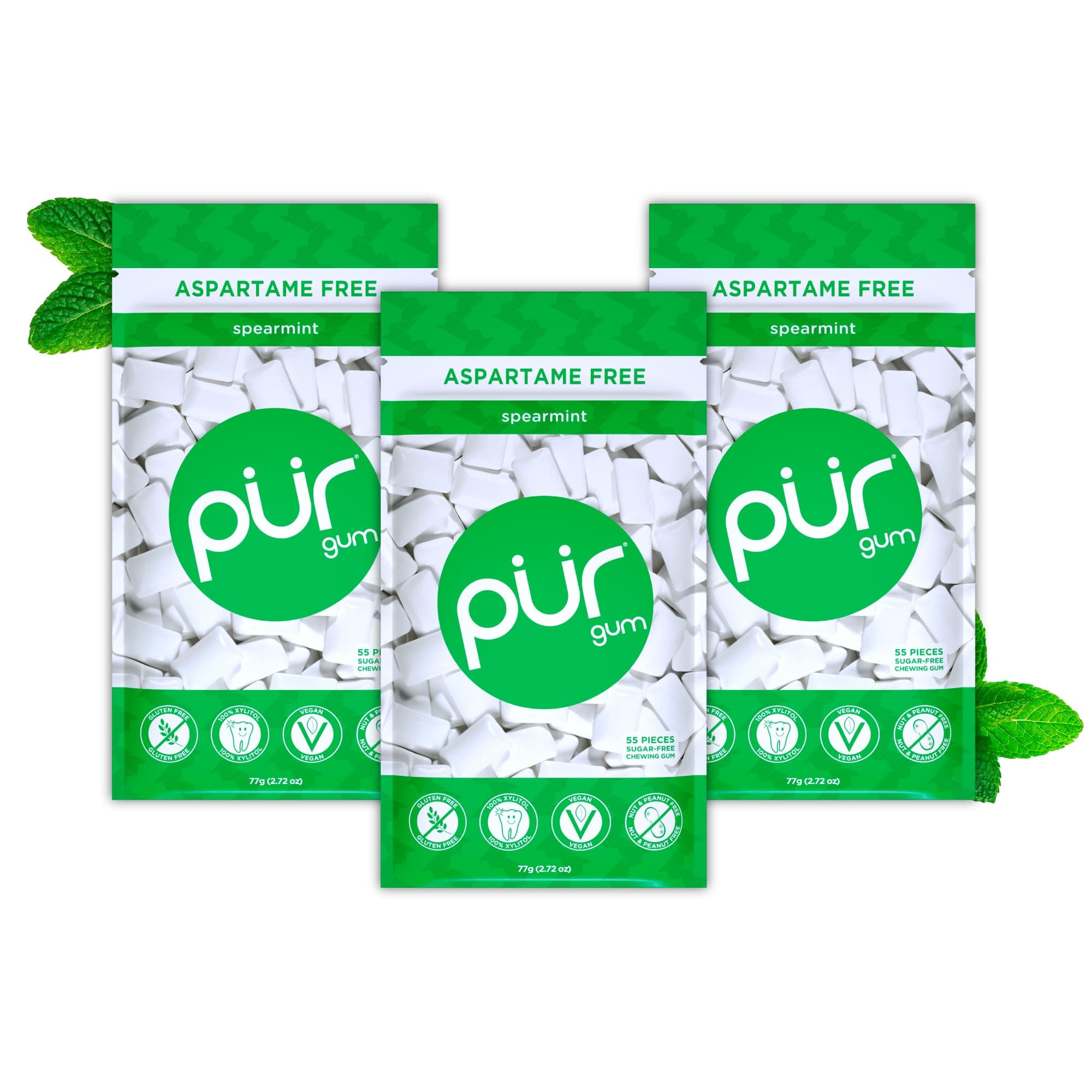 PUR Gum | Chicle Sin Azúcar | Con Xilitol | Vegano, Sin Aspartamo y Sin Gluten | Chicle Natural Con Sabor a Spearmint, 55 Piezas (Paquete de 3)
