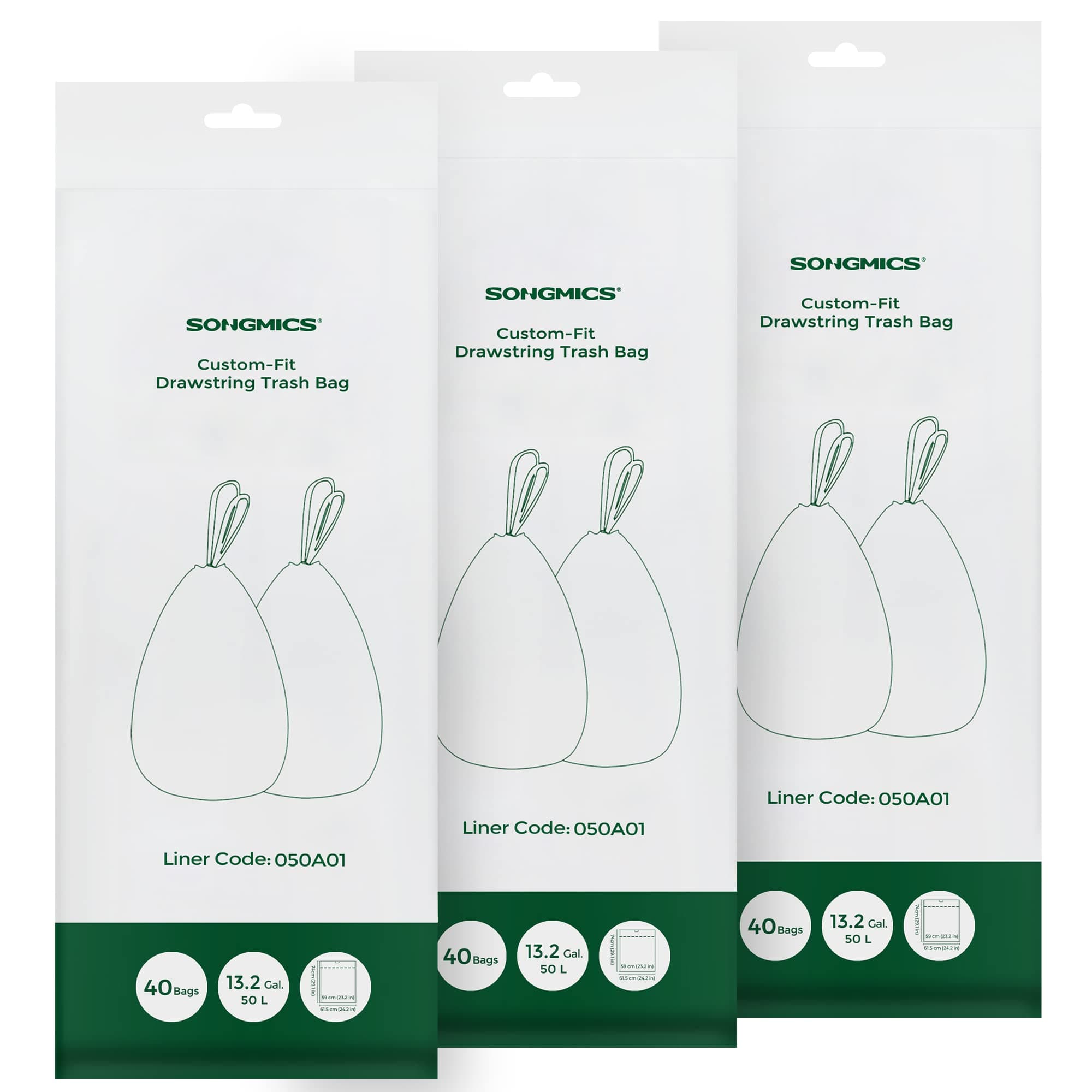 SONGMICS Müllbeutel mit Zugband, hochbelastbar, Müllsäcke für 50 Liter Mülleimer, bereits getrennt, Code 050A01, 3 Rollen, insgesamt 120 Stück, weiß KRB050A03