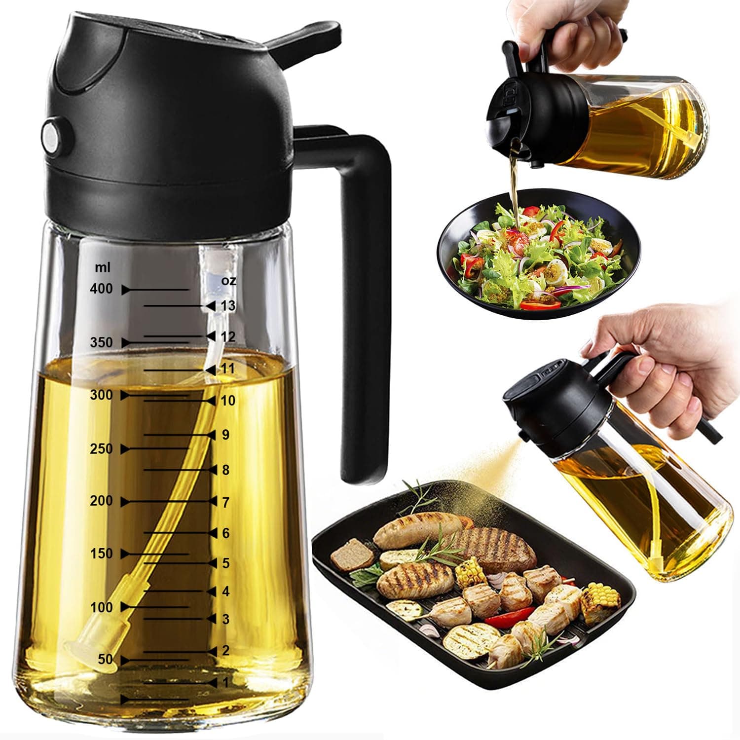 TrendPlain Spray Huile Cuisine 470ml – Vaporisateur Huile Air Fryer 2-en-1 pour Cuisson, Salades, Vinaigre et Accessoire Cuisine (1 pièce, Noir)