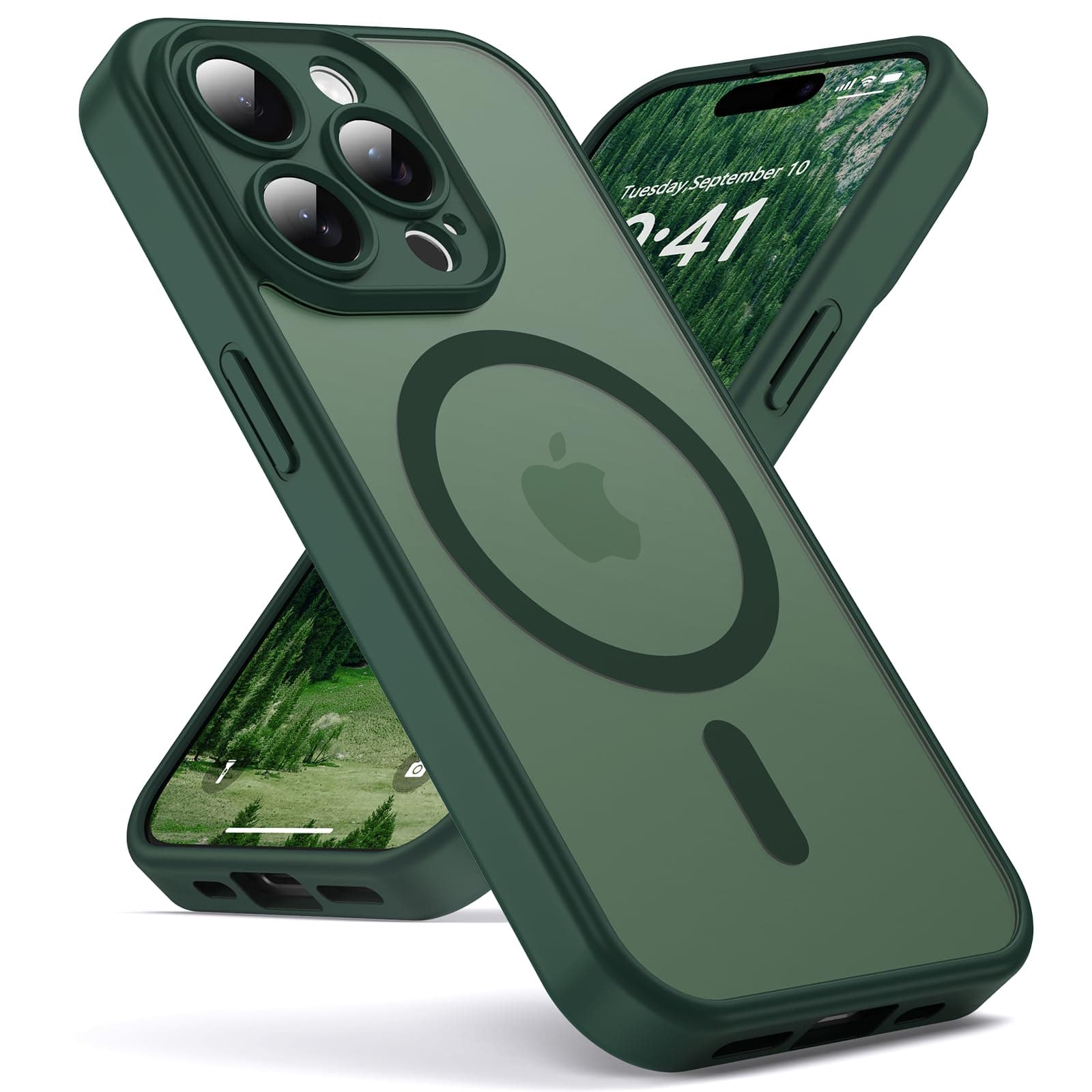 Oududianzi-Coque pour iPhone 15 Pro Max Compatible avec MagSafe Magnétique, Housse de Arrière Translucide Givrée PC, TPU Silicone Bumper Étui Protection Antichoc Militaire Anti-Empreintes-ForestGreen