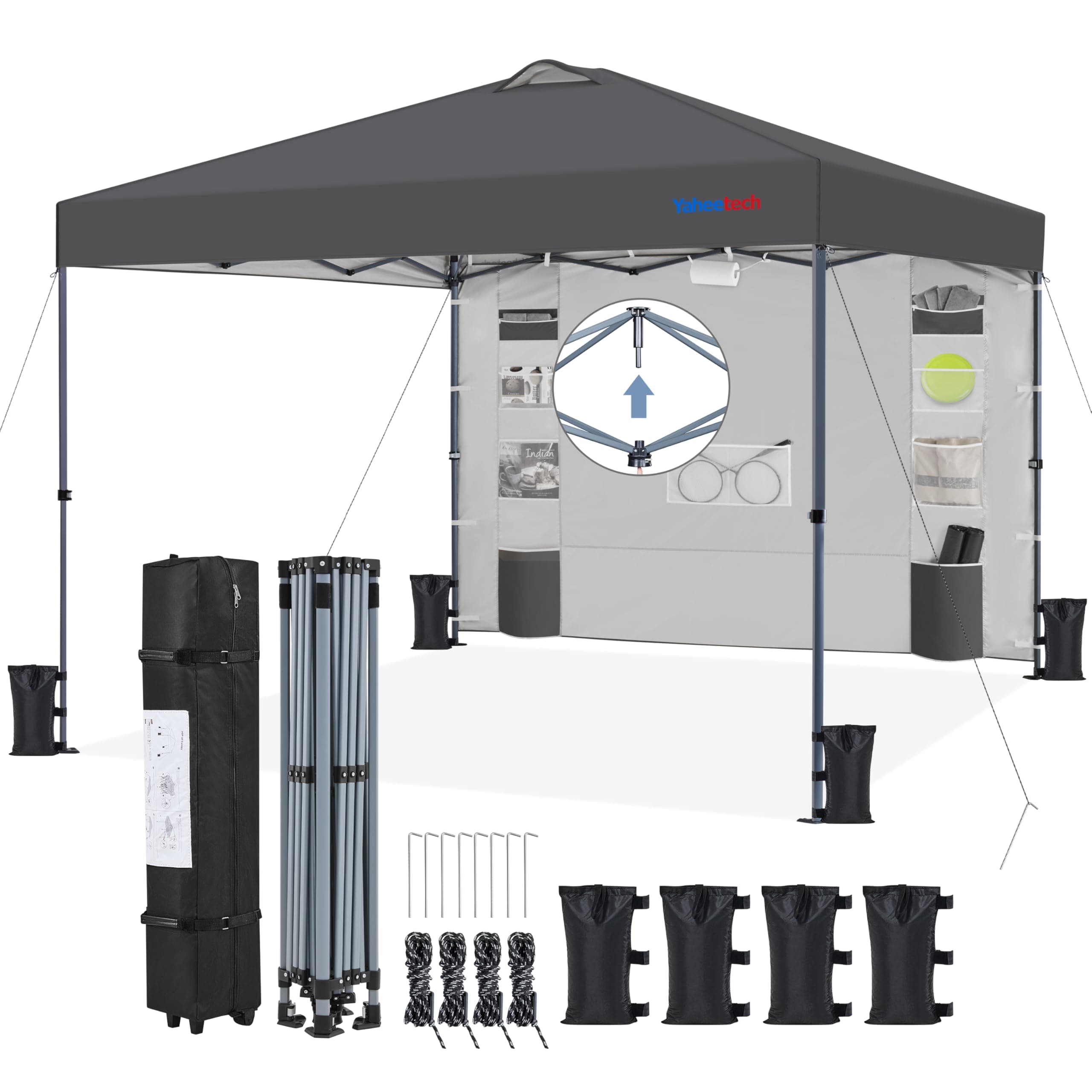 Yaheetech 3x3M Carpa Pop-Up con Botón Central con Pared Lateral de 9 Bolsillos de Almacenamiento, 1 Bolsa con Ruedas y 4 Sacos de Arena para Playa, Patio, Camping y Jardín, Gris Oscuro