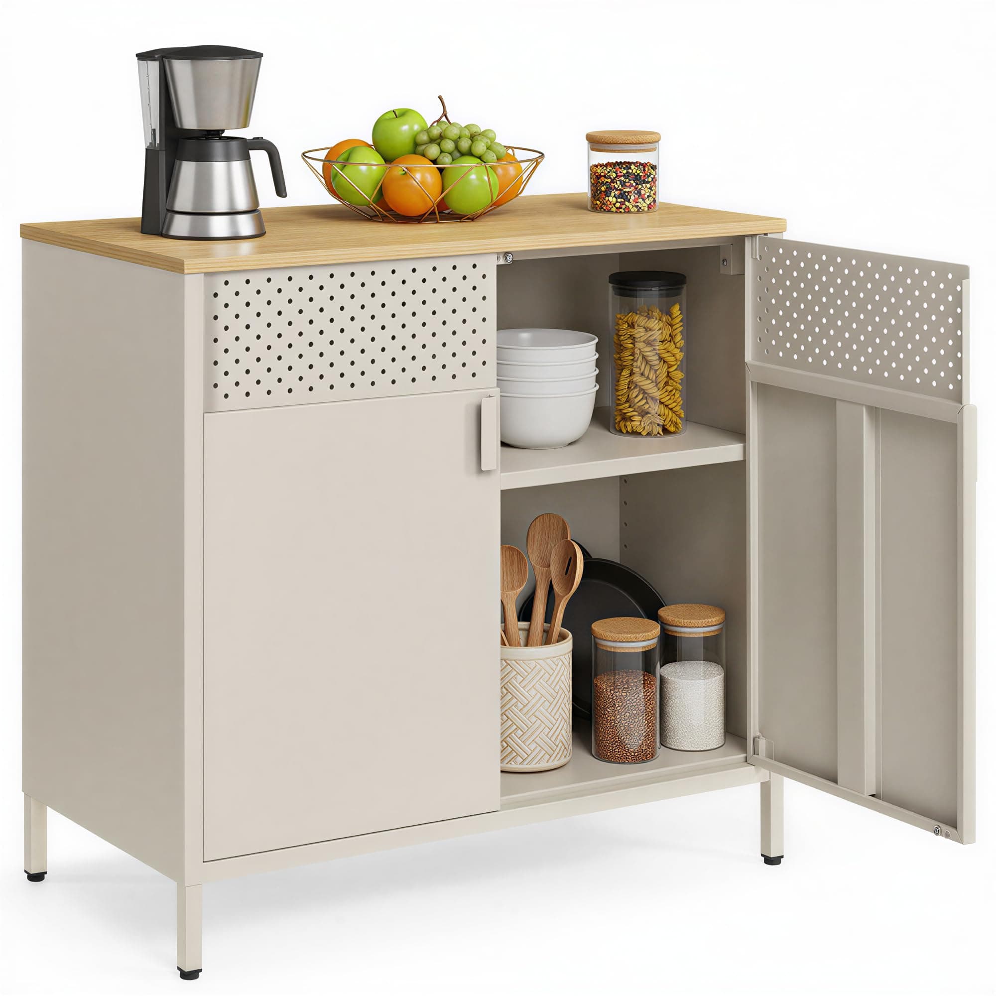 SONGMICS Armario de Almacenamiento, Aparador de Metal, Doble Puerta Magnética, Estante Ajustable, Marco de Acero, 40 x 80 x 76 cm, Beige Arena y Beige Natural LSC102L01