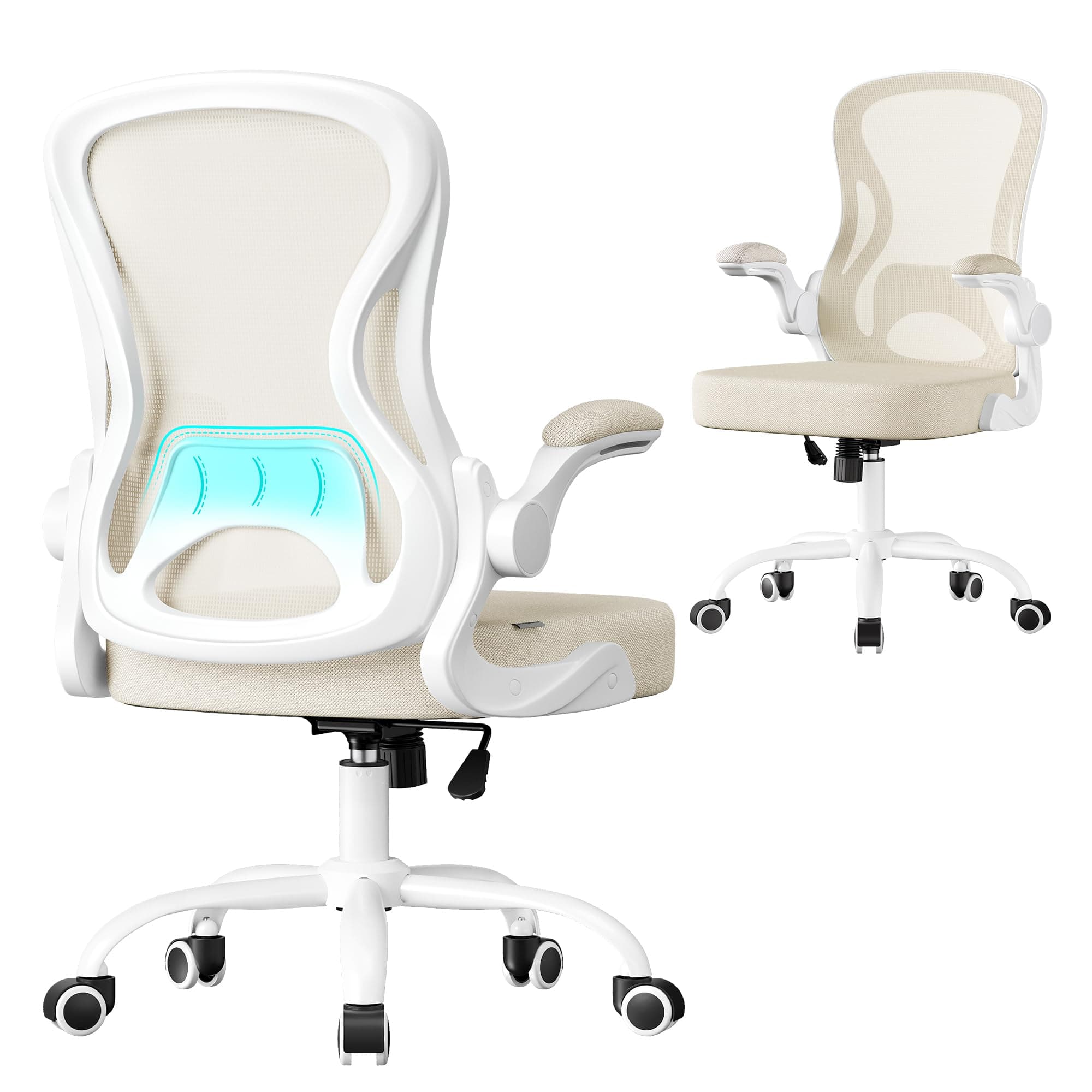 SONGMICS Bürostuhl ergonomisch, Drehstuhl mit Netzgewebe, Schreibtischstuhl mit Lendenstütze, Wippfunktion, klappbare Armlehnen, für Arbeitszimmer, Schlafzimmer, cappuccinobeige-wolkenweiß OBN042LH02