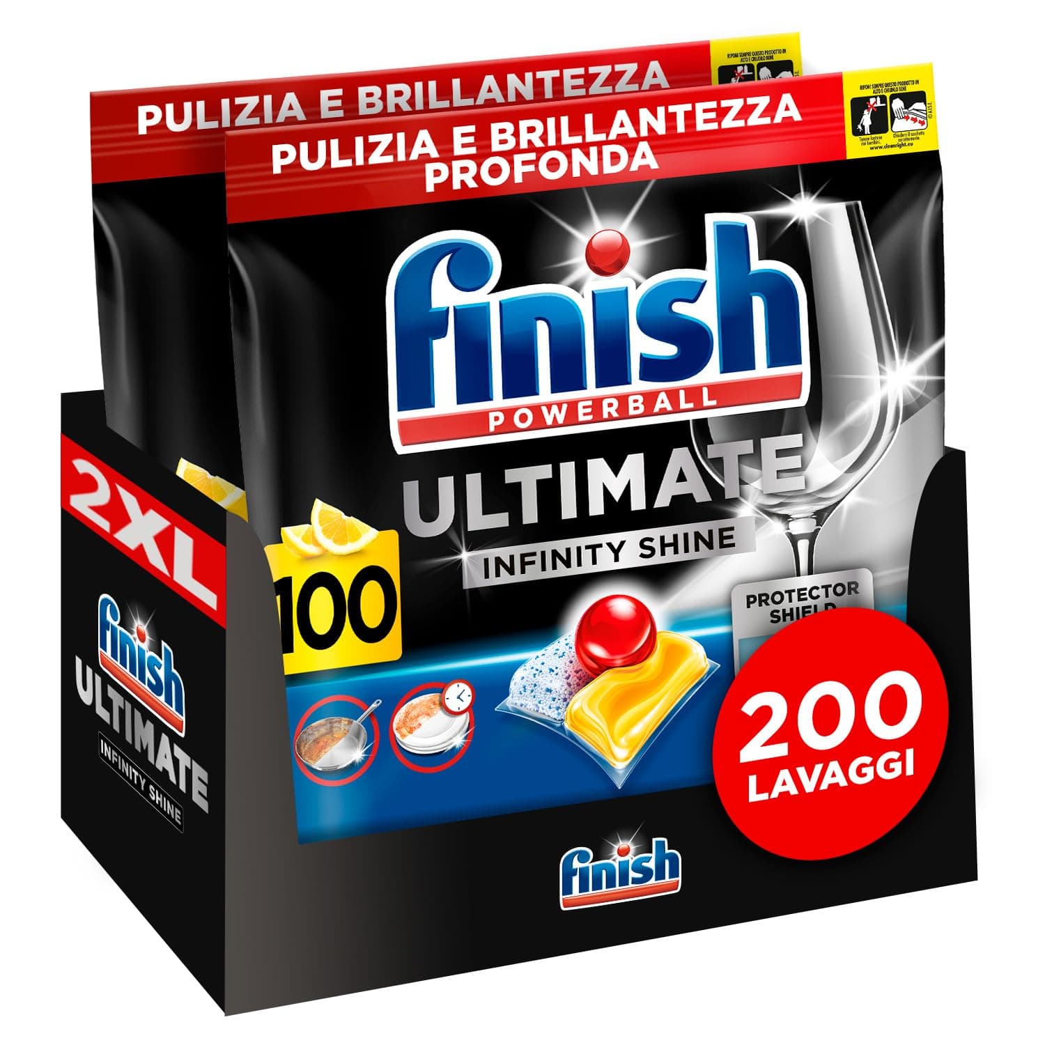 Finish Ultimate Infinity Shine Pastiglie Lavastoviglie, 200 Capsule Lavastoviglie al Limone, Pastiglie per Lavastoviglie contro lo Sporco e i Residui Incrostati