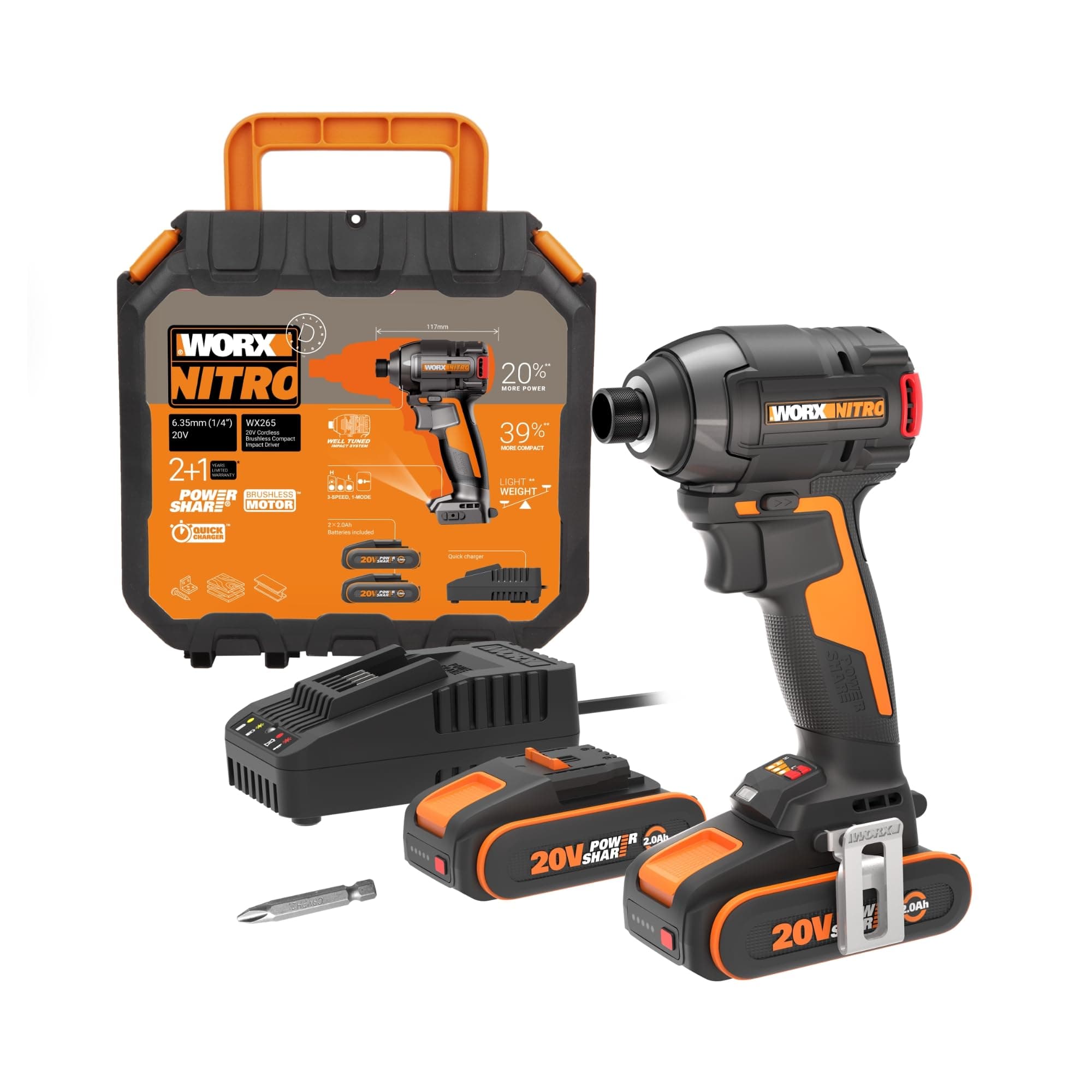 WORX WX265, Atornillador de impacto Nitro 20V Máx., Motor sin Escobillas, 3 velocidades, 2 modos, 200 Nm, potencia para atornillado en metal, madera y automoción, 2 Baterías 20V-2Ah