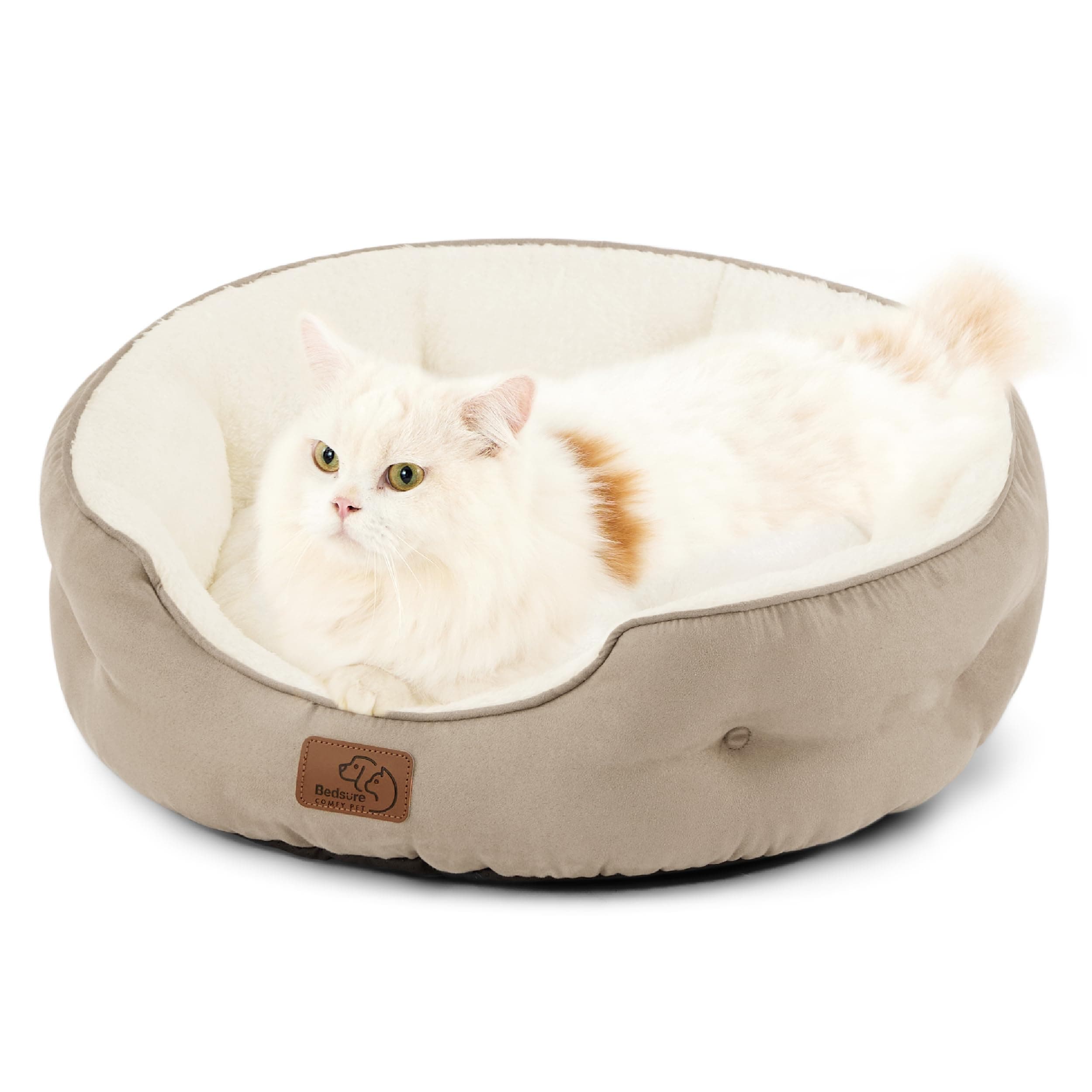 BEDSURE Katzenbett waschbar Katzen Bettchen - 51x48x15cm Katzenkorb mit zweiseitig Innenkissen Katzenschlafplatz für Katzen oder kleine Hunde, Kamel
