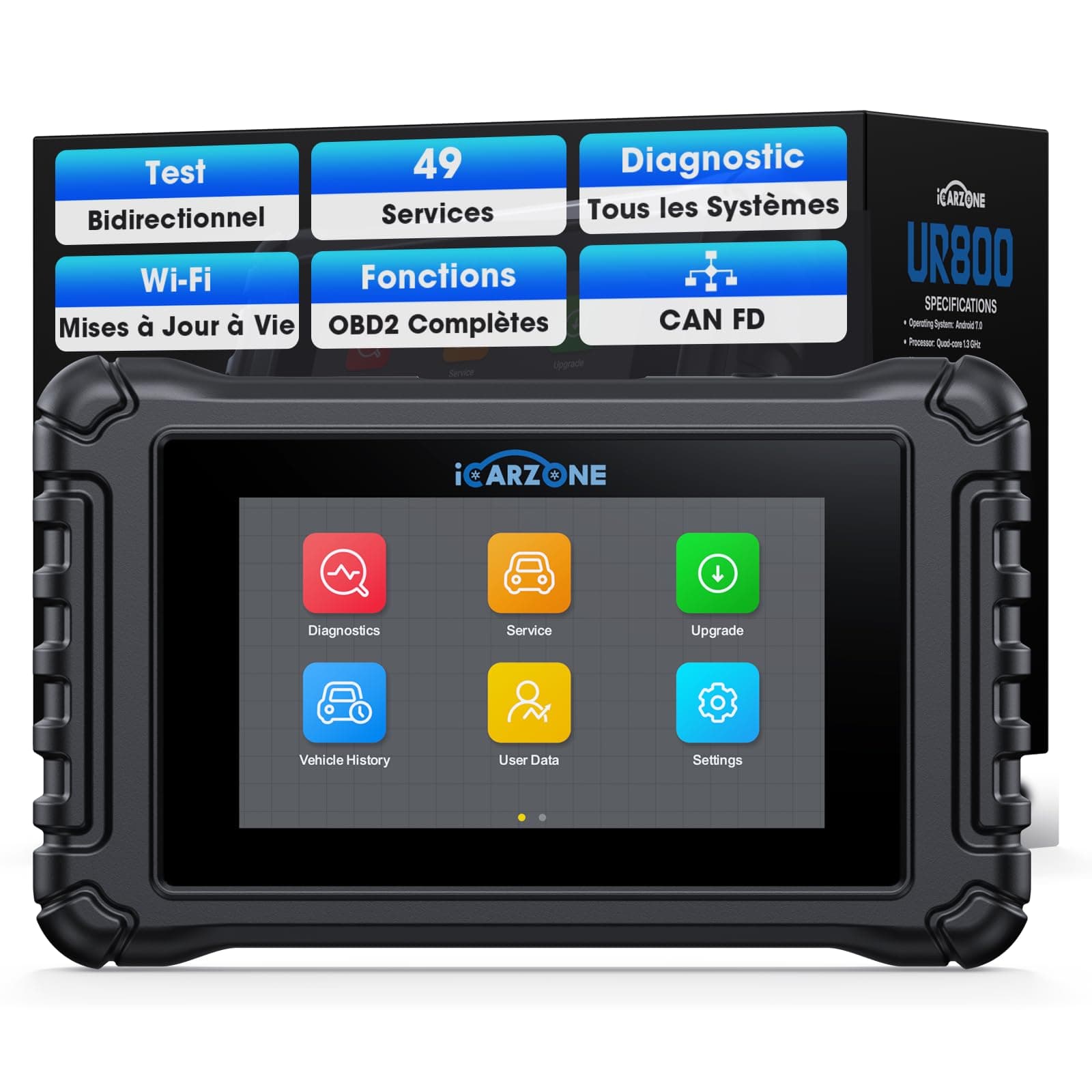ICARZONE UR800 Bidirectionnel Valise Diagnostic Auto Multimarque, 49+36 Réinitialisation, Tous Les Systèmes, Réapprentissage TCM/ECM/Vilebrequin, Codage ECU pour BM.W/V.A.G, OBD2 Diagnostic Français