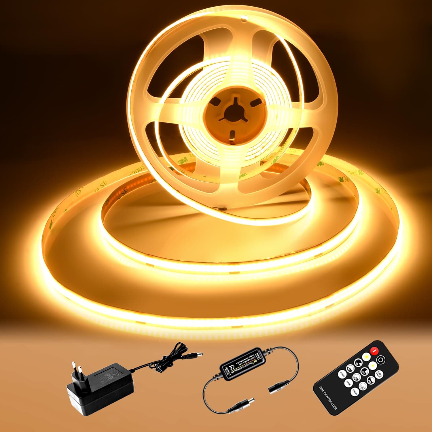 luktix Ruban LED COB 2M, Bande LED blanc chaud 2700K, Bande LED COB Dimmable 24V, CRI92, Largeur 8mm, avec Télécommande et Alimentation, Pour la Décoration,Maison, Cuisine, Miroir