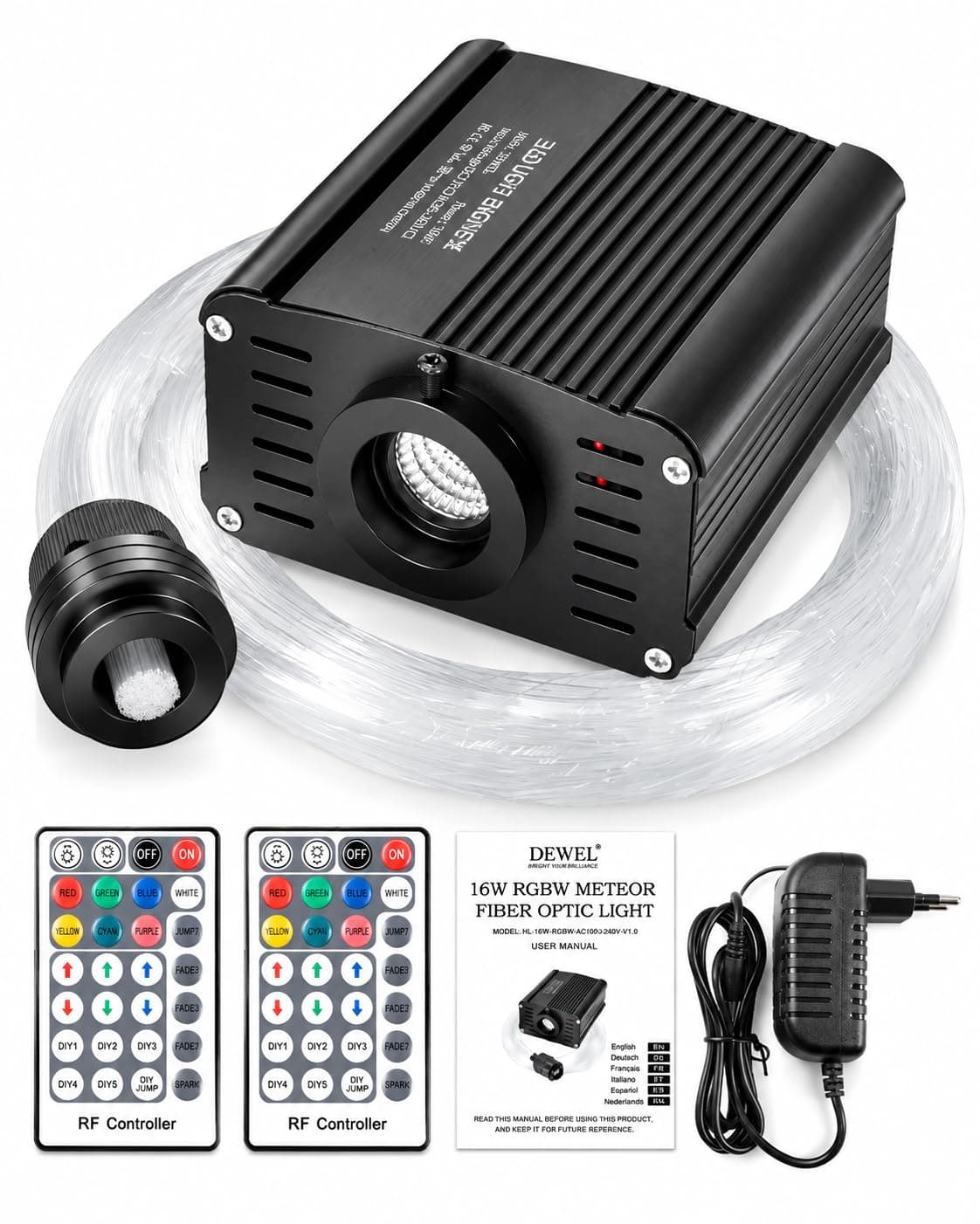 DEWEL Kit de Luces de Fibra Óptica, 16W RGBW luces de Estrella de Fibra Óptica, 450 pcs*0,75 mm*2 m de fibras Ópticas y mando a distancia con 28 teclas [Clase de eficiencia energética A]