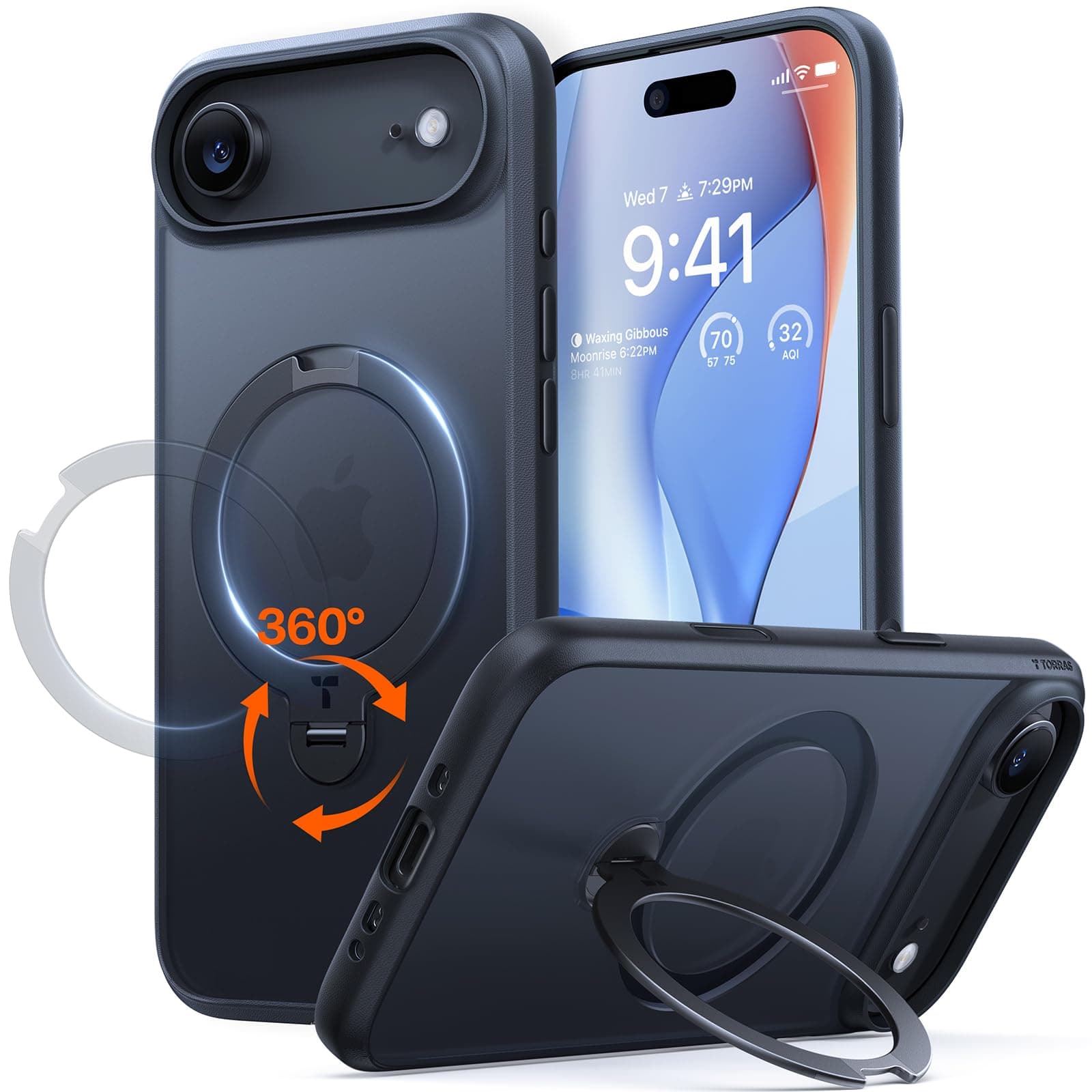 TORRAS Ostand Q3 Spin für iPhone 17 Air Hülle (360° Stabilen Ständer für Magsafe) Militärschutz Case mit Kamera-Tastenschutz Schlank Kratzfeste Matt Rückseite Handyhülle für iPhone 17 Air Case Schwarz