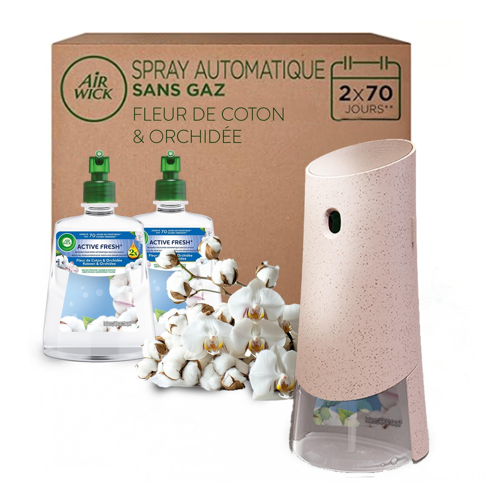 Air Wick Désodorisant Maison Spray Automatique Sans Gaz Active Fresh - 1 Diffuseur + 2 Recharges Parfum Fleur de Coton + Orchidée