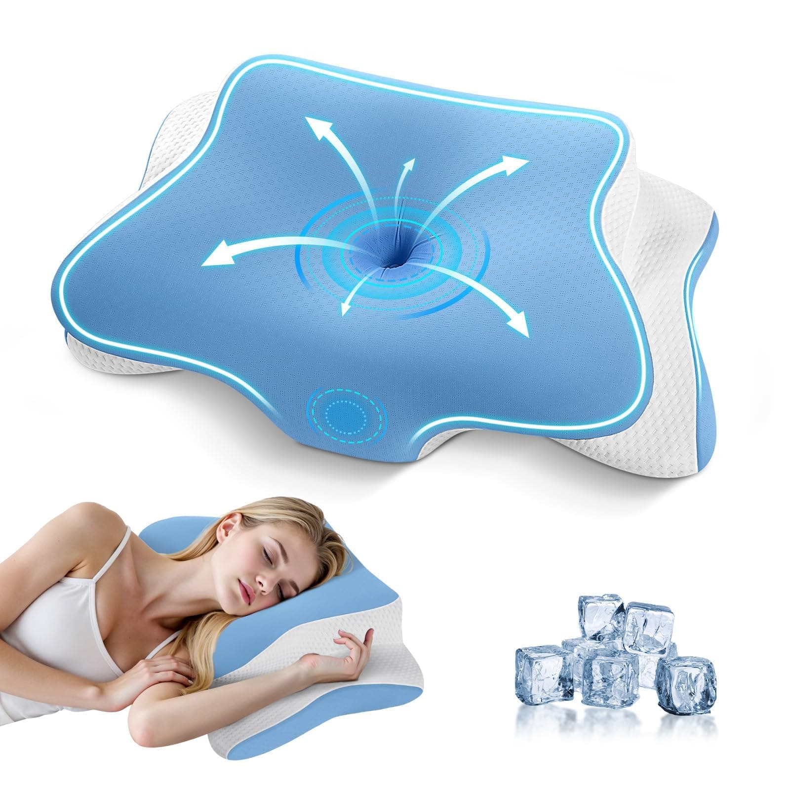A-Pce Almohada Cervicales y Cuello Viscoelastica, 2 en 1 Almohada Cervical Ergonómico Espuma de Memoria Almohadas Ortopedica para Soporte de Cabeza/Cuello/Hombro, 66x39x10/13cm, Azul