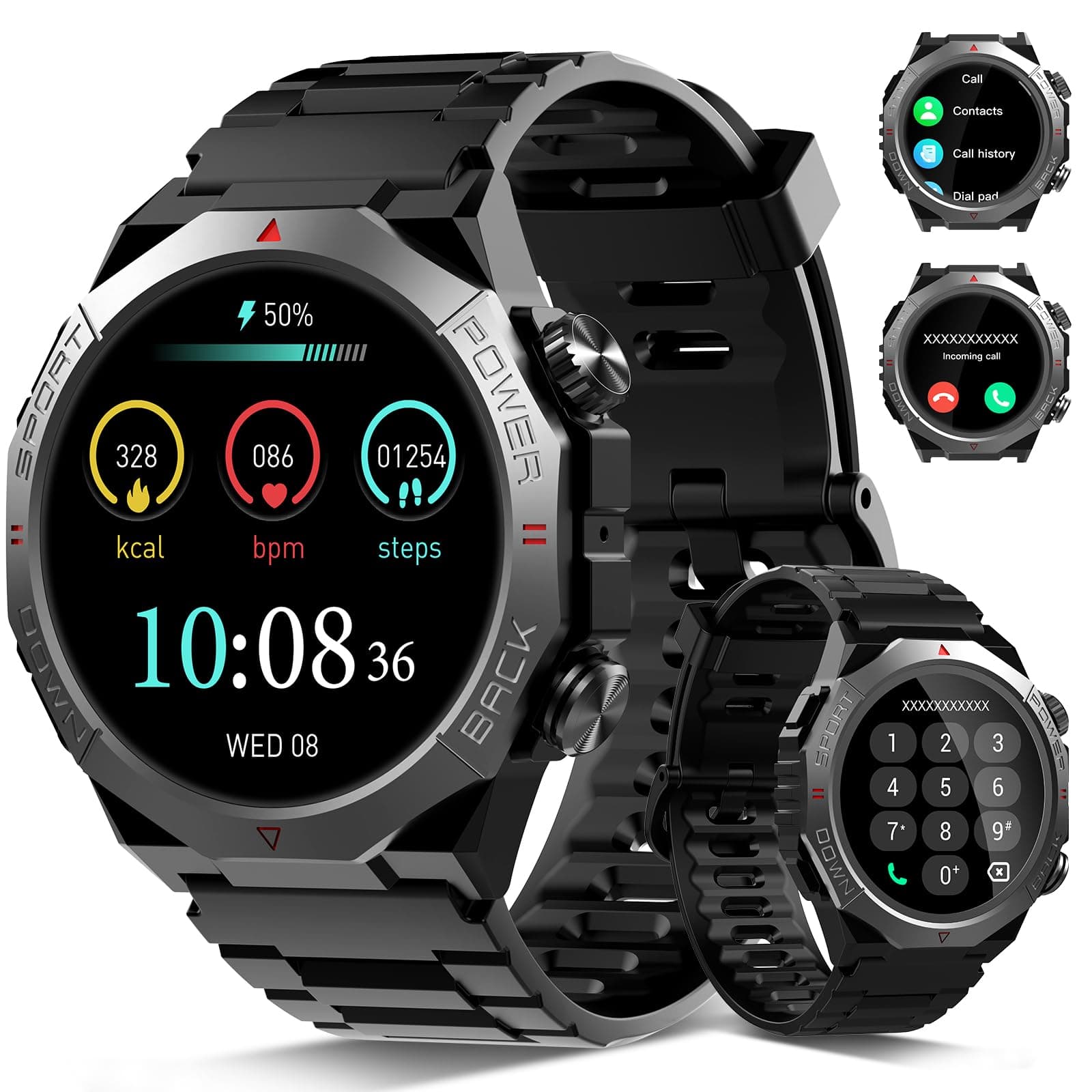 Qecnato Montre Connectée Homme, 1.39" HD Militaire Smartwatch avec Appel Bluetooth, Smart Watch Homme avec 110+ Modes Sportifs/Cardiofrequencemetre/Sommeil, Etanche IP68 Montre Intelligente