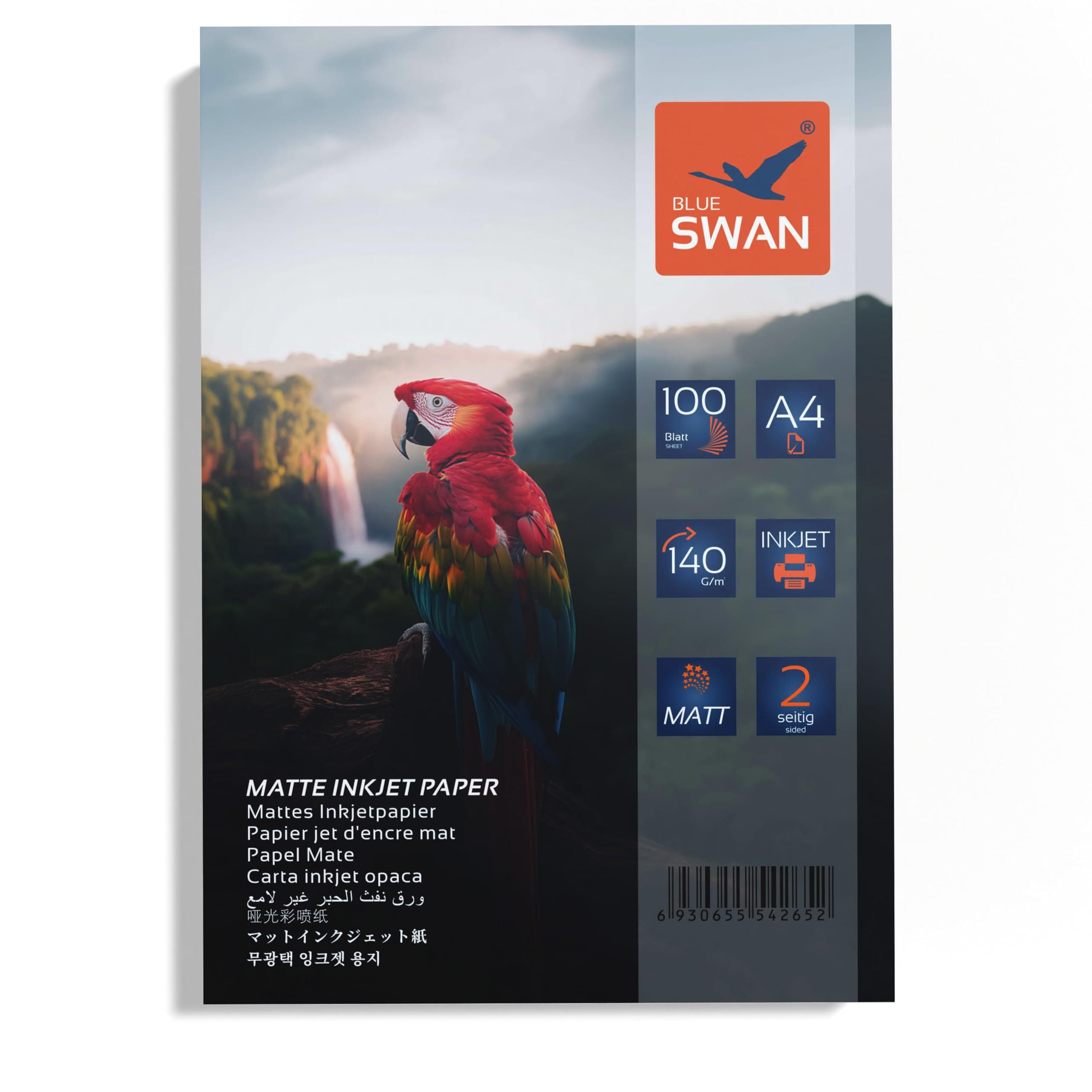 BLUE SWAN Papier Photo Mat A4, 140 g/m², 100 Feuilles, Finition mate recto verso, Séchage Rapide, Couleurs Vives, Faible Réflexion, Compatible avec Imprimantes Jet d’Encre