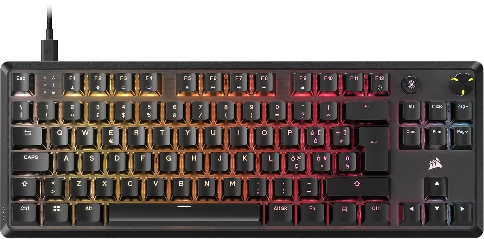 CORSAIR K70 CORE TKL RGB Tastiera da Gioco Meccanica Tenkeyless – Interruttori Lineari CORSAIR MLX Red v2 Pre-Lubrificati – SOCD – Smorzamento del Suono – Coprichiavi in ABS – QWERTY IT – Nero