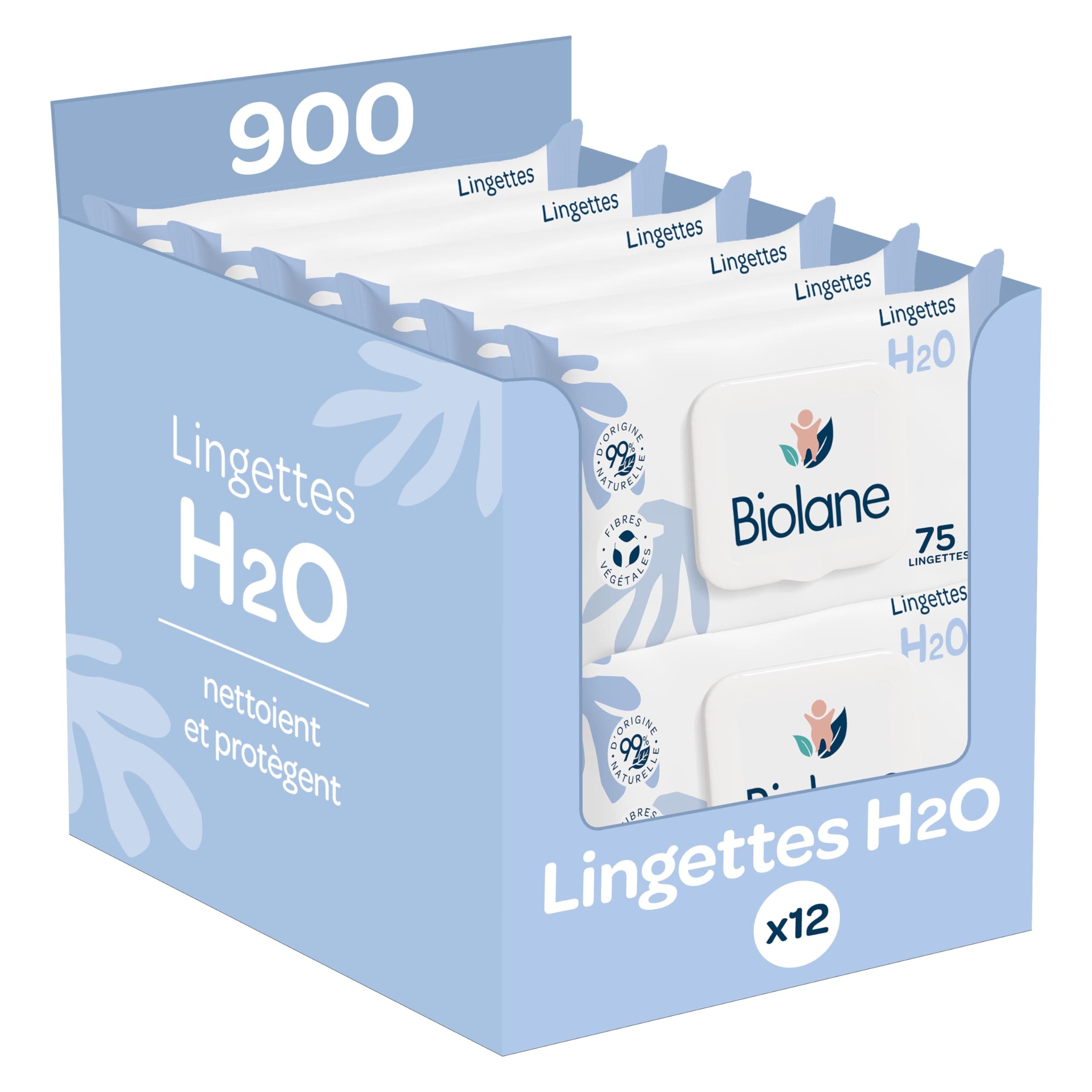 BIOLANE - Lingettes bébé à l'eau - 900 Lingettes - Lot de 12x75 - Nettoyage doux et efficace - Sans Rinçage - Dès la naissance