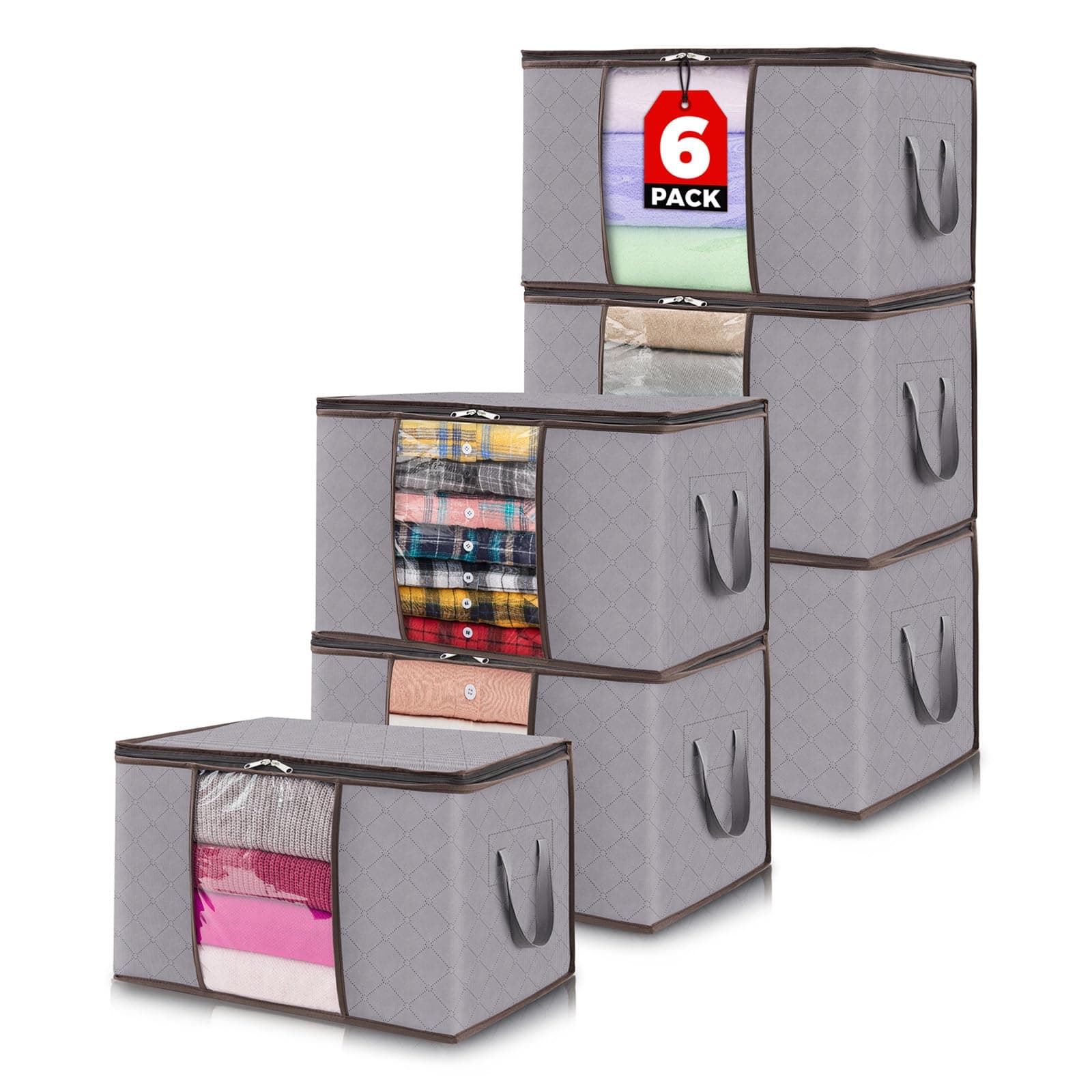 Lifewit 6 Piezas Bolsas Almacenaje Ropa 50L, Cajas Almacenaje Plegable, Bolsas para Guardar Ropa, Cajas Mudanza, Organizador Armario Para Ropa, Mantas, Juguetes, Gris Claro