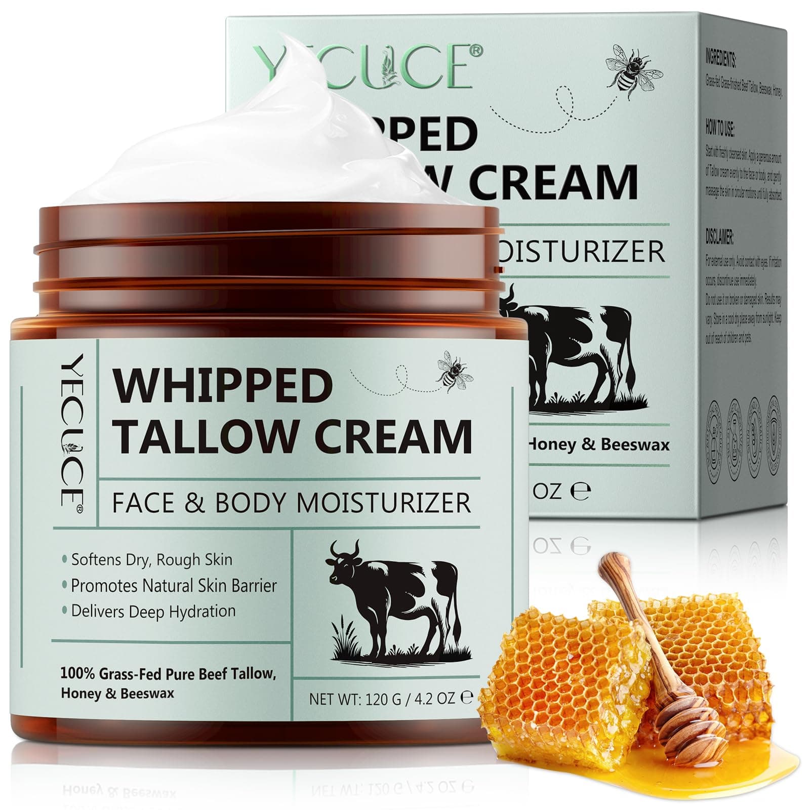 Beef Tallow for Skin 120 g, Suif de Bœuf pour les Soins de la Peau, Baume au Suif et au Miel 100% Naturel et Biologique pour le Visage et le Corps, Crème pour le Visage au Suif, Hydratation Profonde