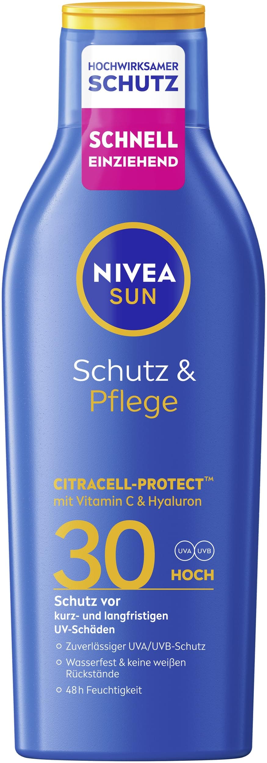 NIVEA SUN Schutz & Pflege Sonnenlotion LSF 30, wasserfester Sonnenschutz mit Vitamin C & Hyaluron, schnell einziehende Sonnencreme für 48h Feuchtigkeit ohne weißen Film (200 ml)