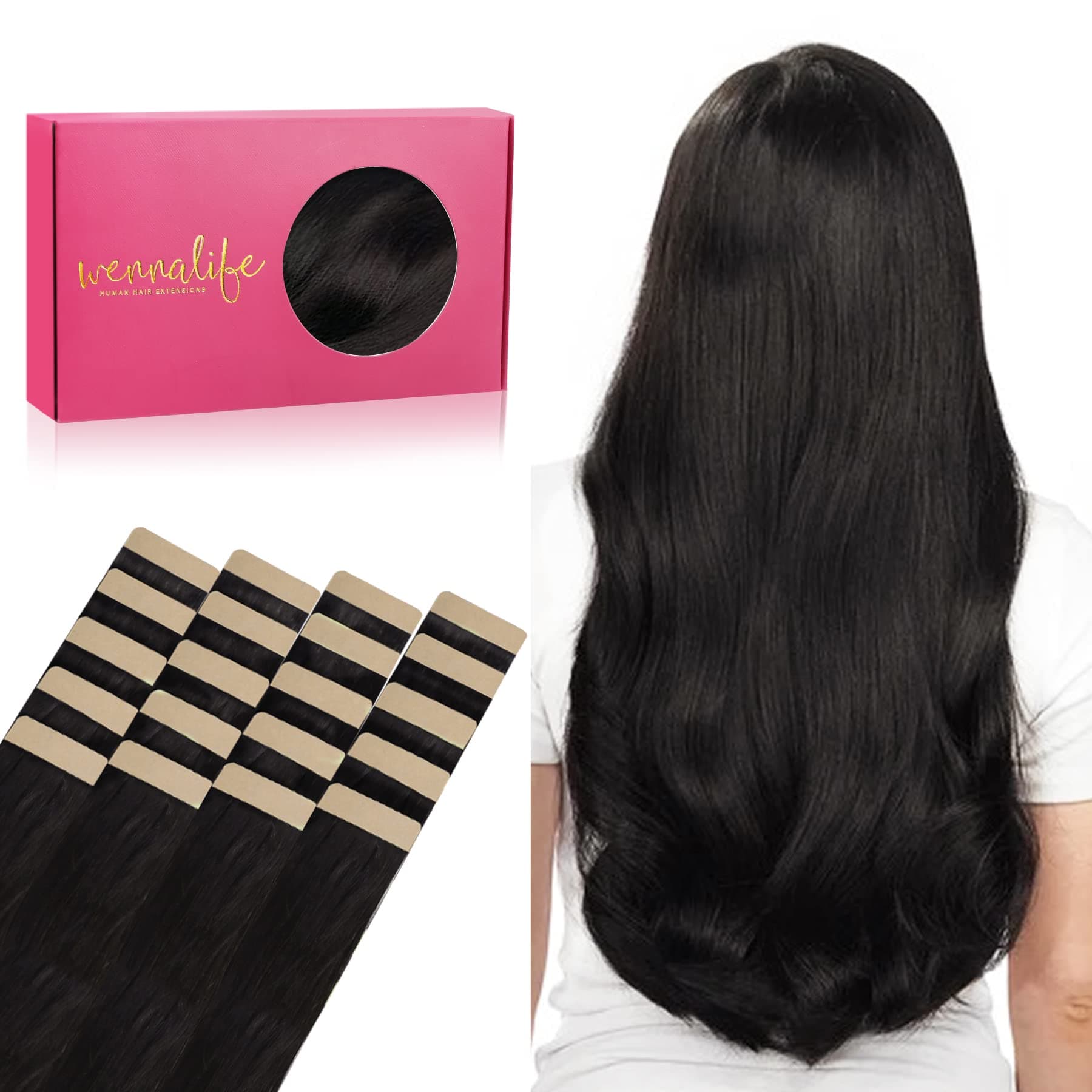 WENNALIFE Extension Capelli Veri Biadesivo, 20pz 45cm 50g Nero Naturale Extension Biadesive Capelli Veri Lisci Remy Tape in Hair Extensions Capelli Setosi