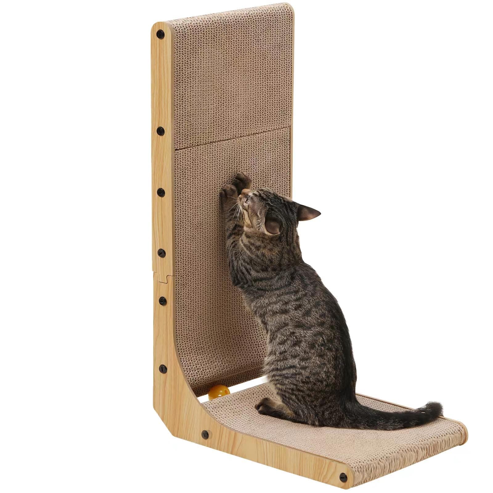 FUKUMARU Planche Gratter en Forme de L de 68 cm de Haut pour Mur et Coin, Grattoir pour Chat avec Balle Jouet pour Chats d'intérieur