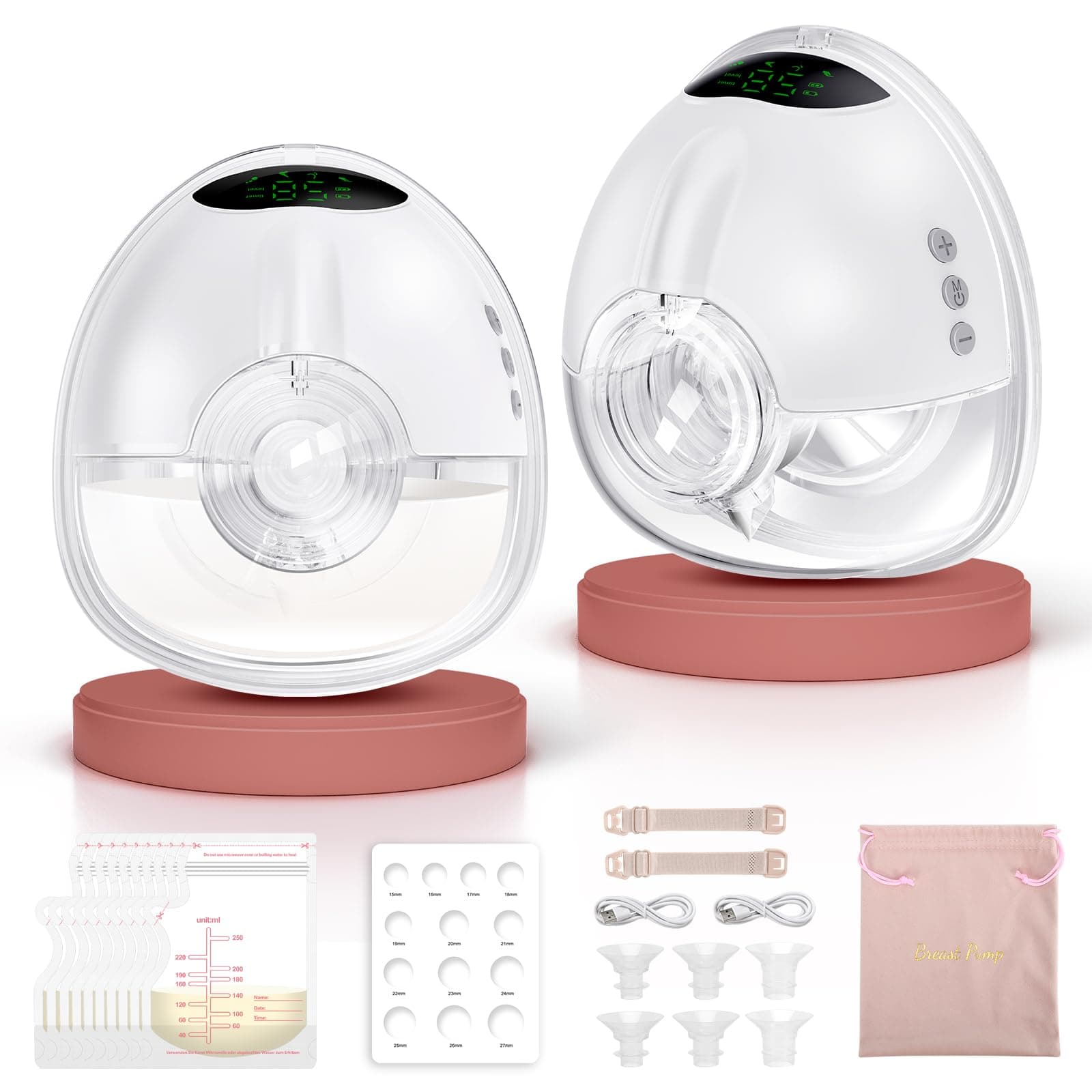 Lulia Tire Lait Electrique Main Libre LU05, 4 Modes 9 Niveaux, 350mmHg Forte Aspiration, Komfortabler & Portable, Sans BPA, avec Bride de 17/19/21/24 mm (2 Paquets-Blanc)