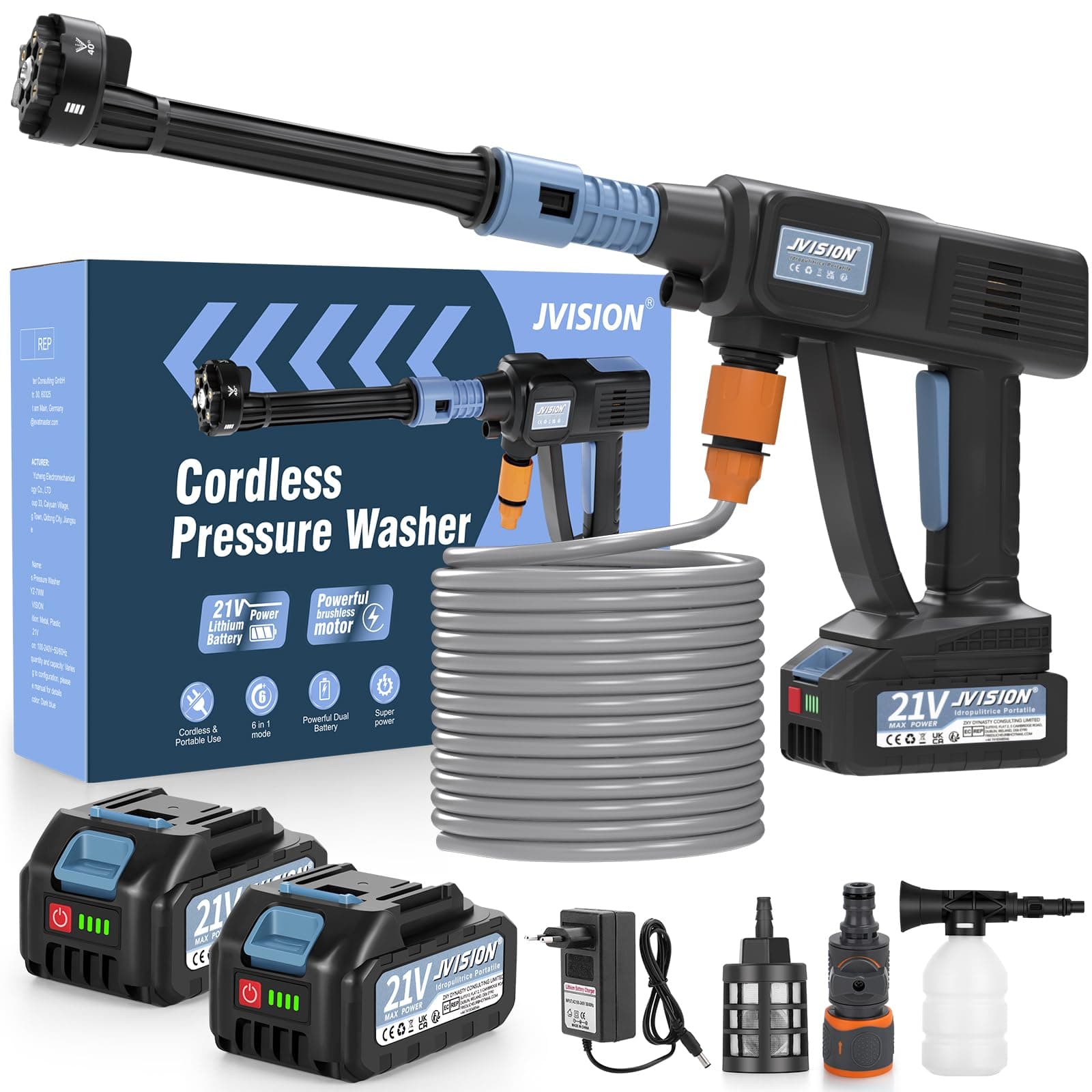 Hidrolimpiadora a Batería, Pistola de Agua a Presión 21V Hidrolimpiadora Eléctrica Portátil con 2 Baterías y Tubo de 5 m, Lavadora Inalámbrica para Coche, Jardín, Terraza, Césped y Riego