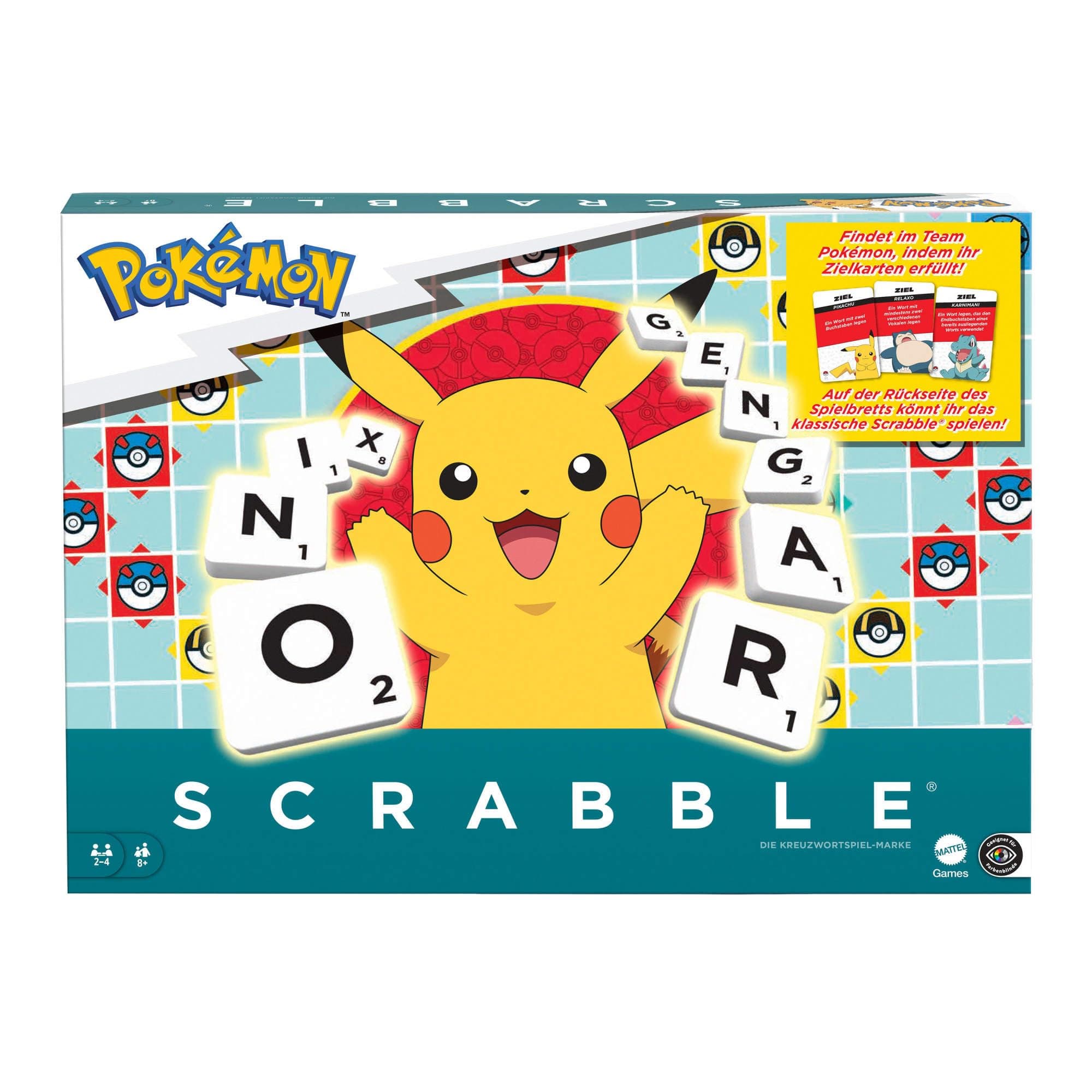 Mattel Games Scrabble Pokémon-Brettspiel, Familienwortspiel mit Zwei Spielmöglichkeiten, enthält 50 Herausforderungskarten mit Pokémon-Charakteren für 24 Spieler, Deutsche Version, HXT28