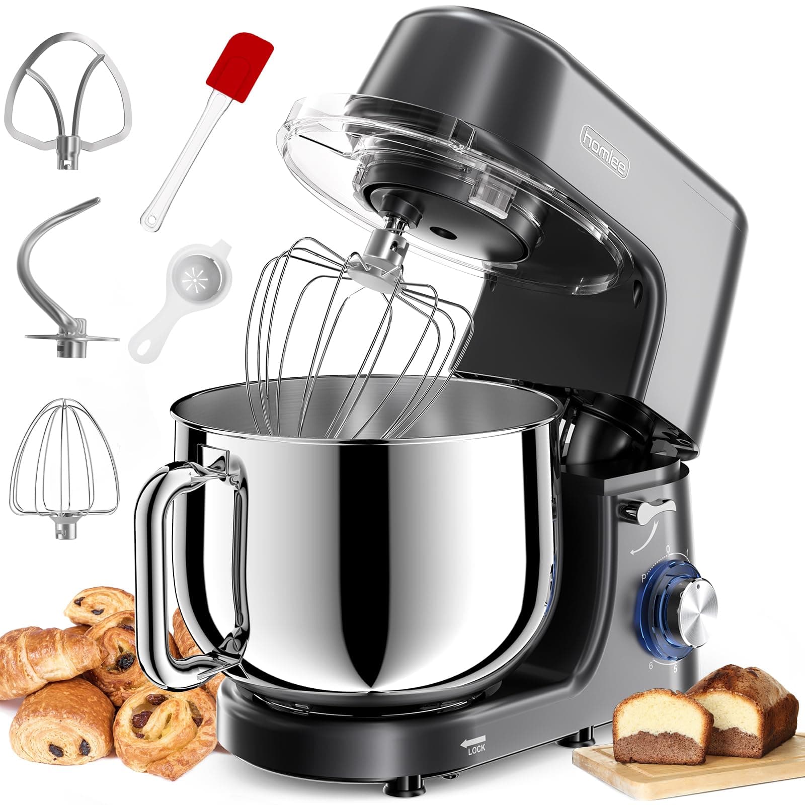 Batidora Amasadora Homlee,2000W Amasadora de Pan, 7.2L Robot de Cocina Batidora Multifunción,Bajo Ruido Amasadora de Pan Varillas y Protección para Salpicaduras 6 Velocidades(gris)