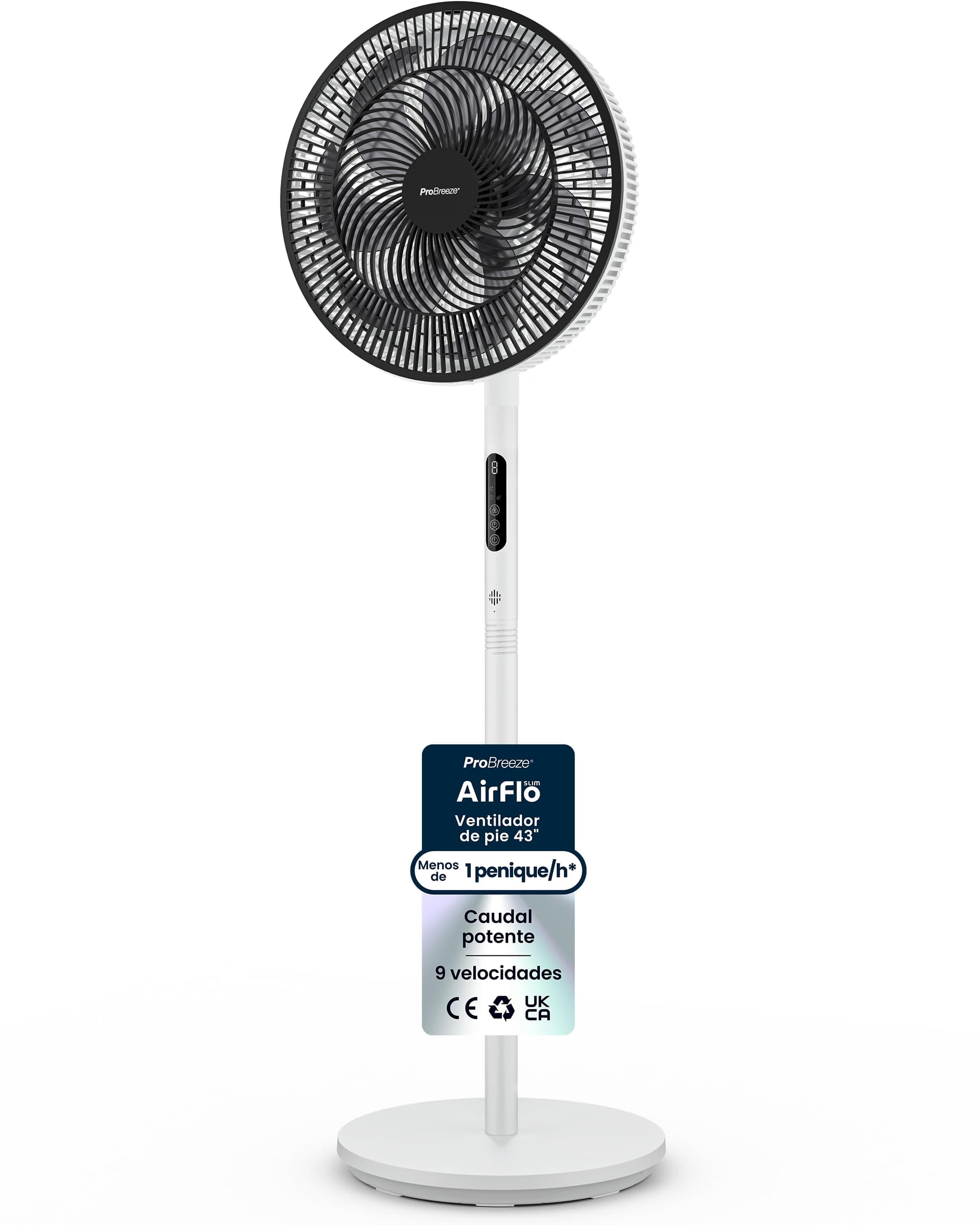 Pro Breeze AirFlo Slim Altura Ajustable 70-130 cm, Ventilador de Pie Silencioso con Mando, 9 Velocidades, 3 Modos, Ultra Silencioso, Temporizador 9H y Oscilación Omnidireccional para Oficina, Hogar