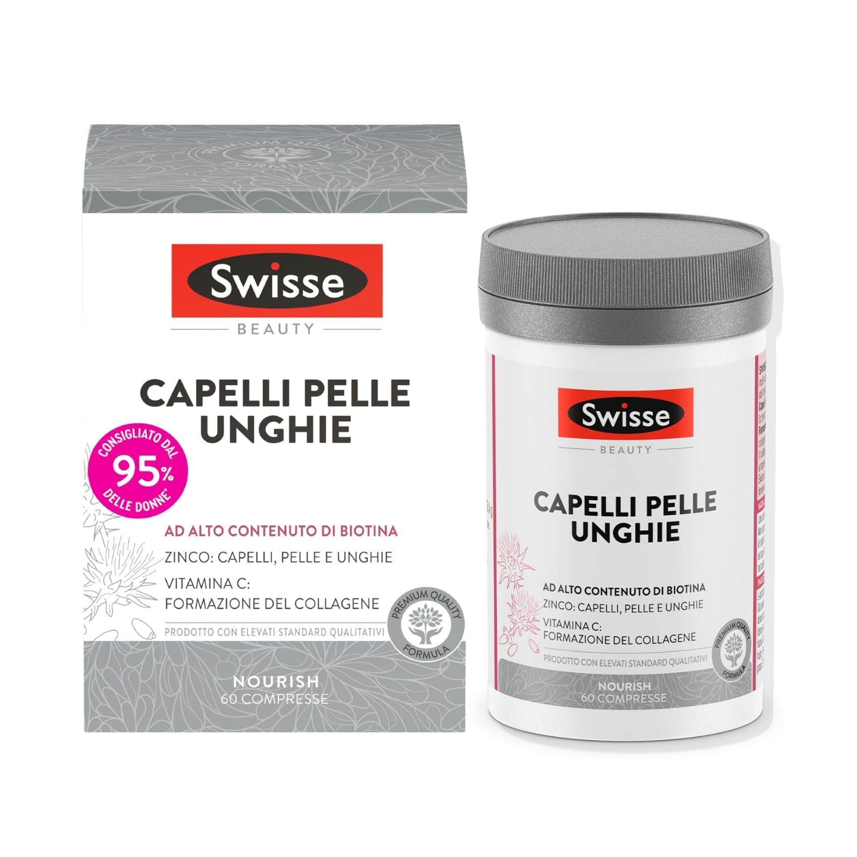 SWISSE Capelli Pelle Unghie - Integratori per Capelli, Pelle e Unghie con Vitamina C Biotina Cardo Mariano, 60 Compresse - Zinco Integratore Capelli, Formazione Collagene e Unghie Sane - Made in Italy
