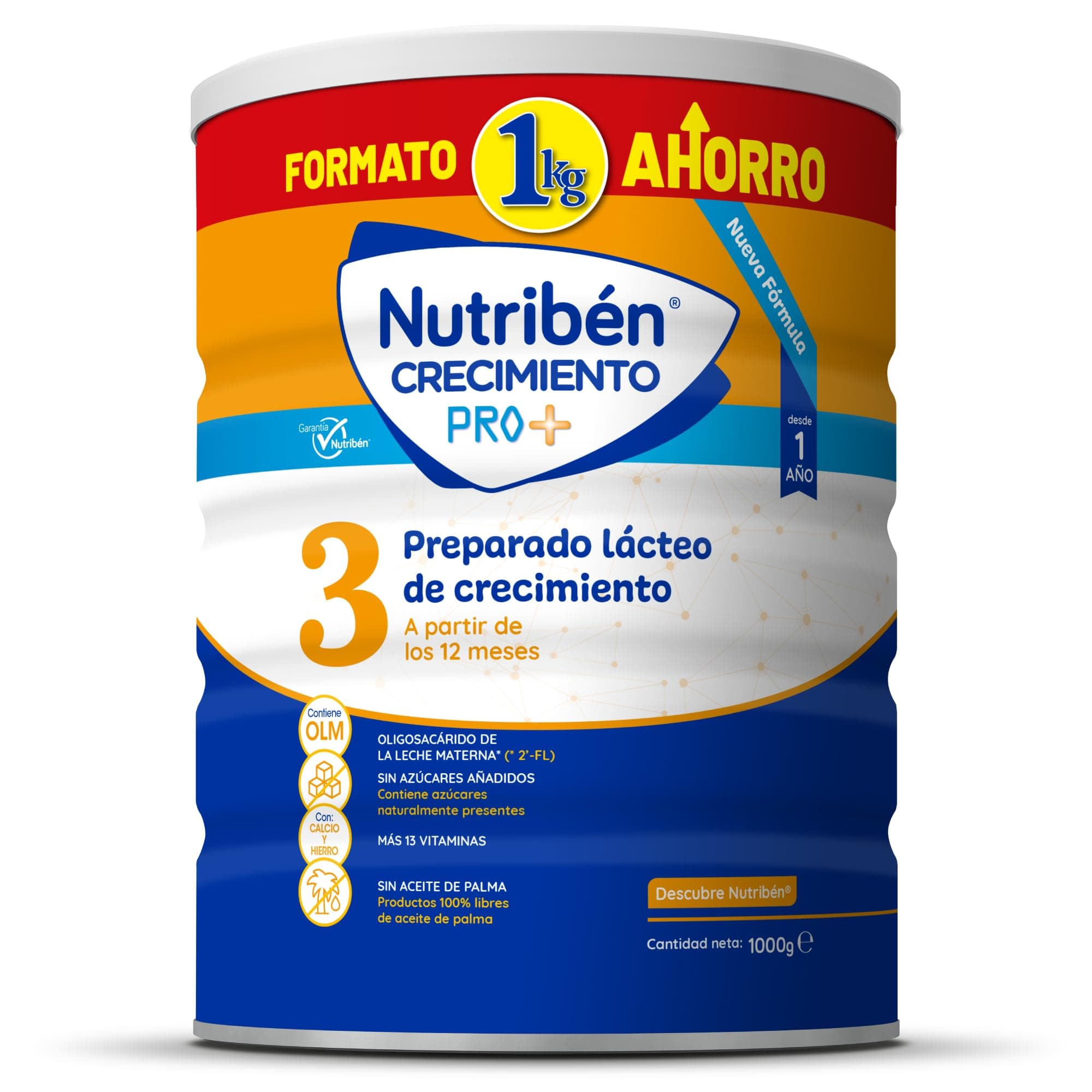 Nutribén Crecimiento Pro+ 3 - Leche en Polvo Bebé FORMATO AHORRO | Leche de Fórmula a partir de los 12 Meses | sin Aceite de Palma | con Cacito Dosificador Incluido | con 13 Vitaminas | 1 Bote de 1KG