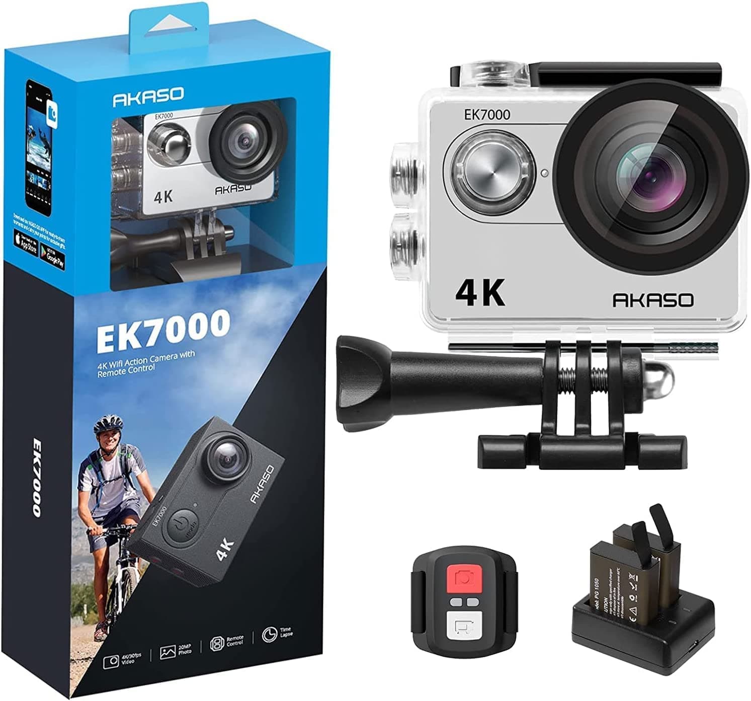 AKASO Action CAM EK7000 4K30FPS - Cámara de acción (Gran Angular de 170°, HD, 20 MP, WiFi, Impermeable, Pantalla LCD de 2 Pulgadas, con 2 baterías), Color Plateado