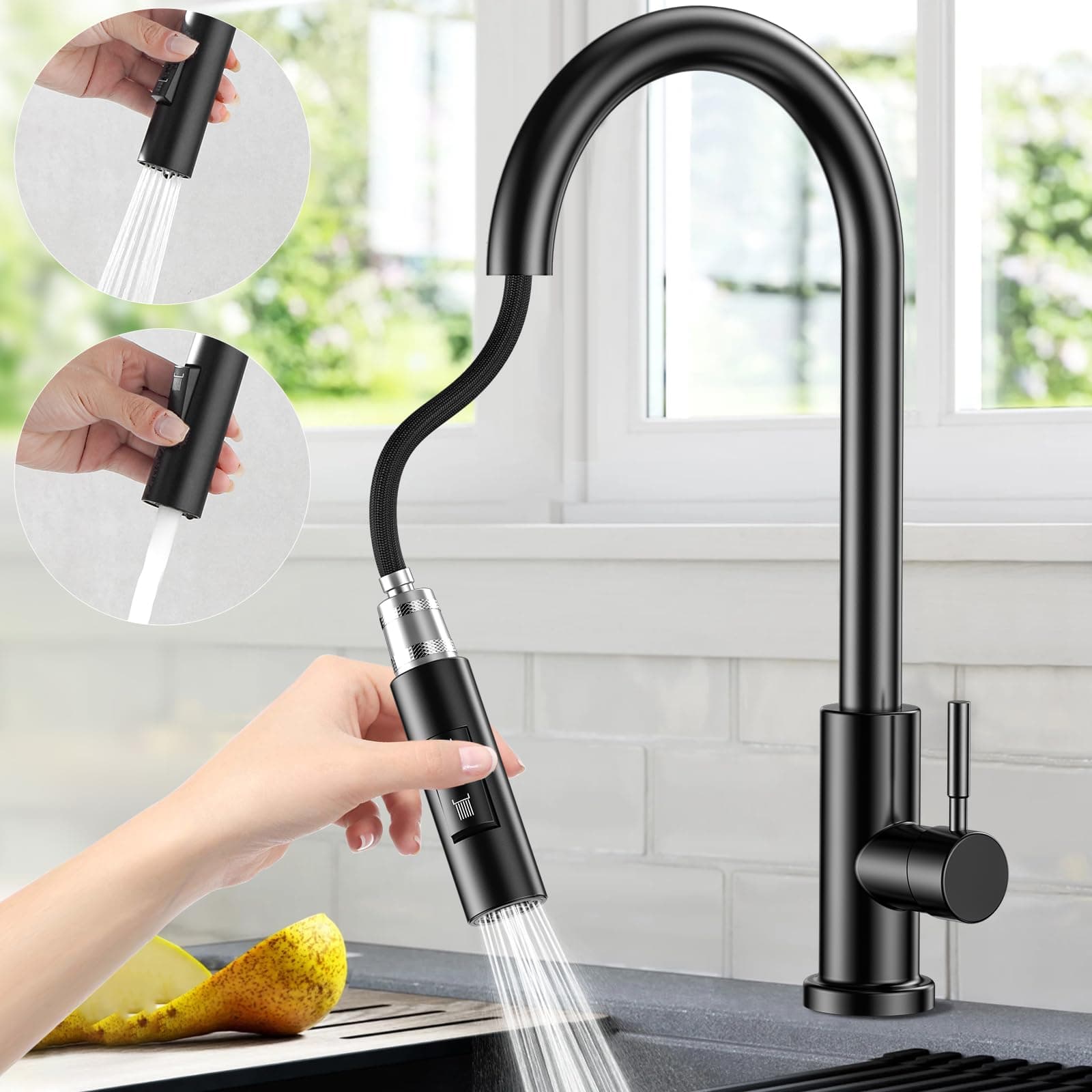 Rubinetto Cucina con Doccetta Estraibile, Rubinetto Lavello Cucina in Acciaio Inox Miscelatore per Cucina con Base Rimovibile, Girevole a 360 °, 2 Modalità Dell'acqua (Nero)