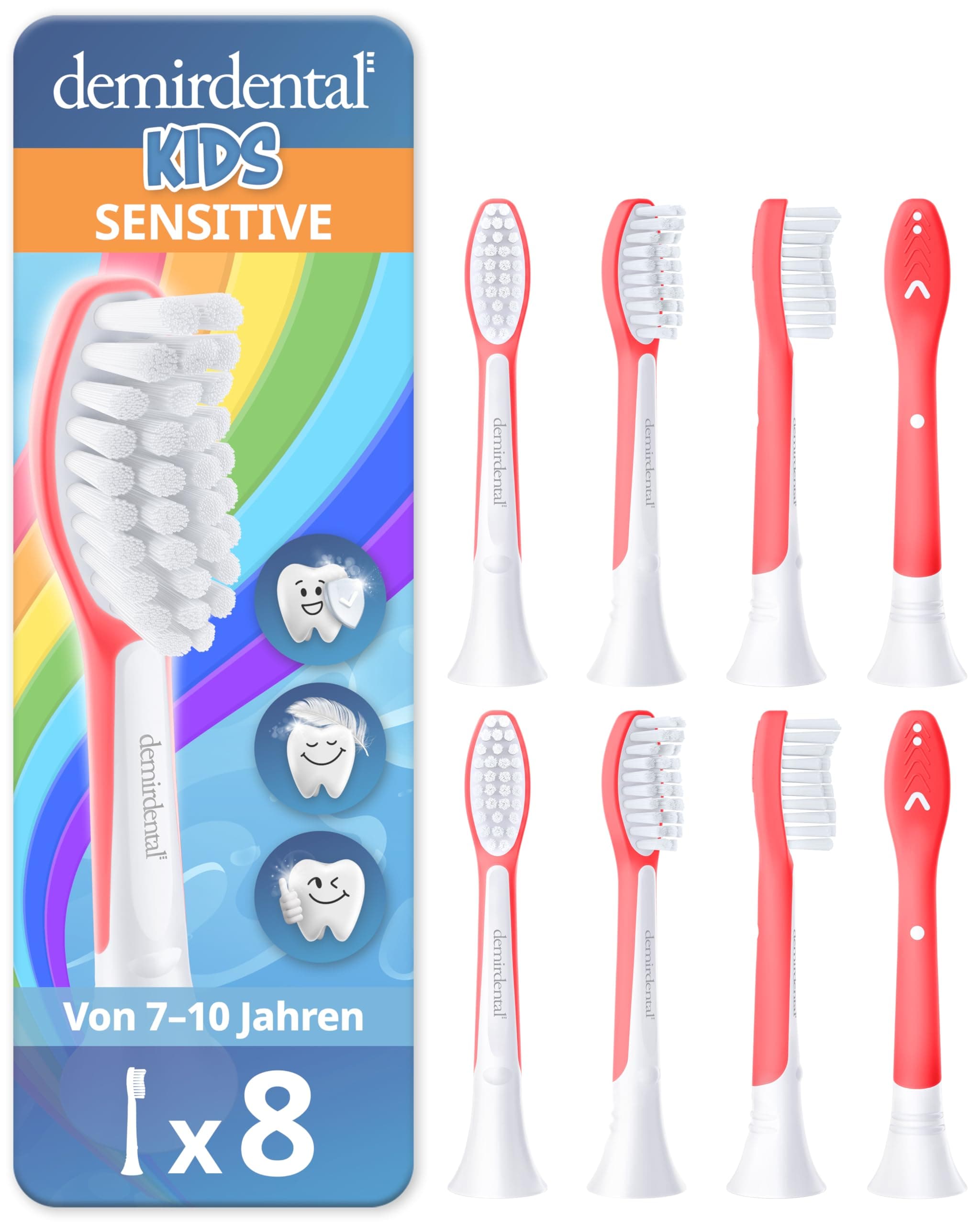 demirdental Ersatzbürsten for Kids passend für Philips Sonicare Kids, Kinder Schallzahnbürsten, Kinder Ersatzbürsten ab 7 Jahre, entspricht HX6048, Rot, 8er Set