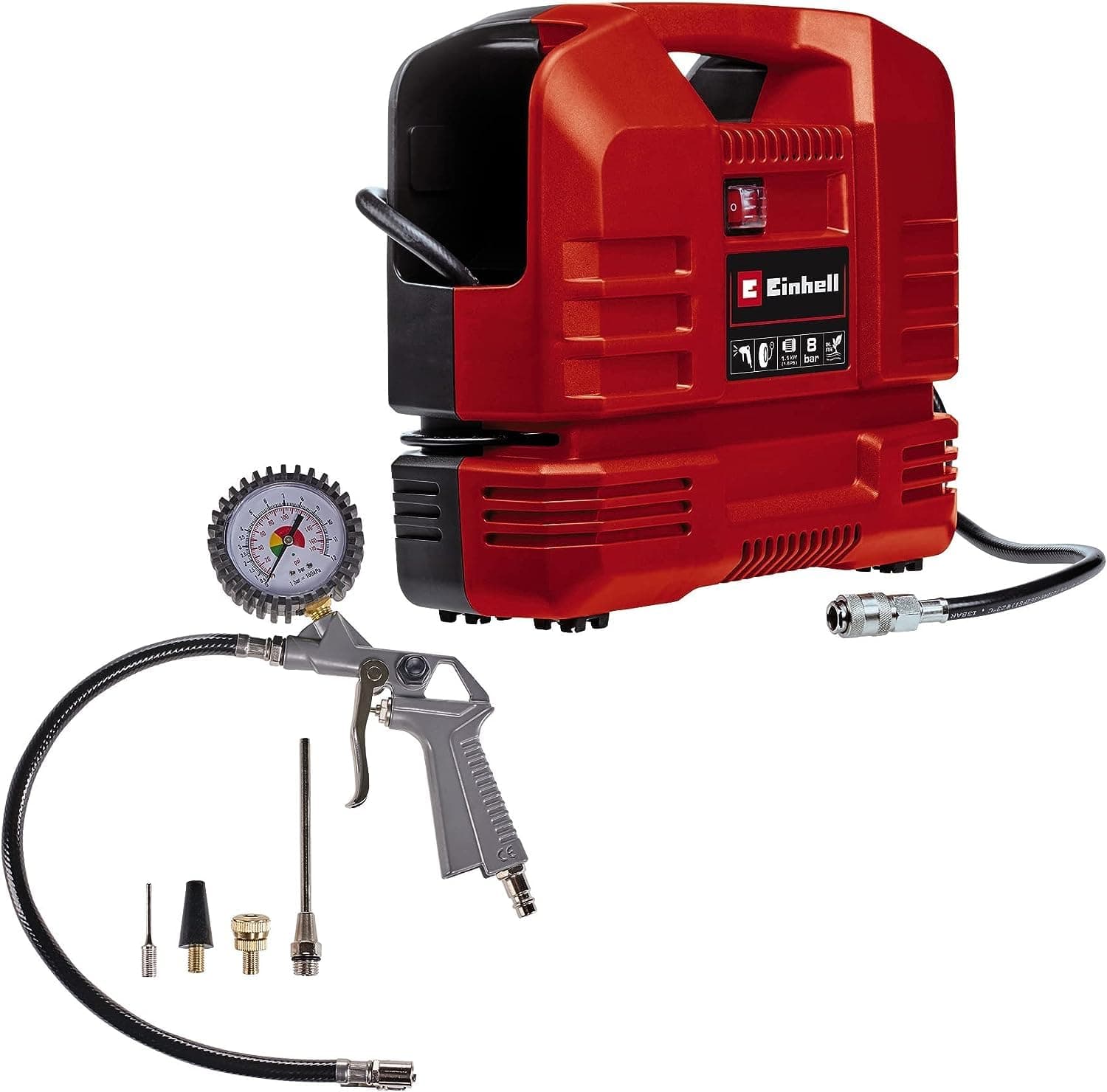 Einhell Compresseur à air portatif TC-AC 190 OF Set (1200 W, Cuve de 6 L, Pression 8bar, Débit d'aspiration 190 l/min, Moteur sans huile, Réducteur de pression, Accessoires inclus)