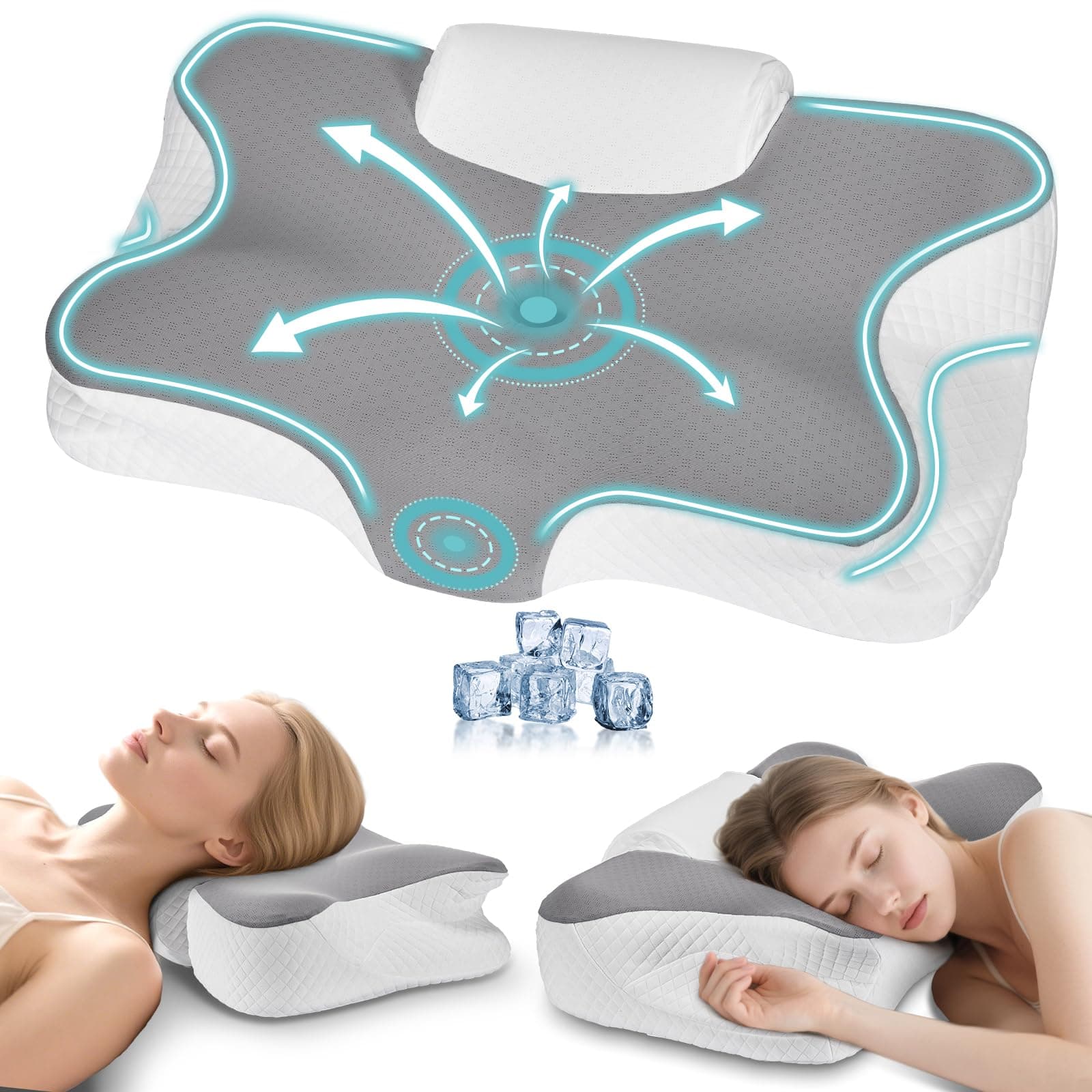 Levesolls Cuscino Cervicale 2 in 1 in Memory Foam Ergonomico, per Dormire su Fianco, Schiena e Stomaco, Federa Rimovibile e Lavabile, 61x41x12/13 cm (Grigio)