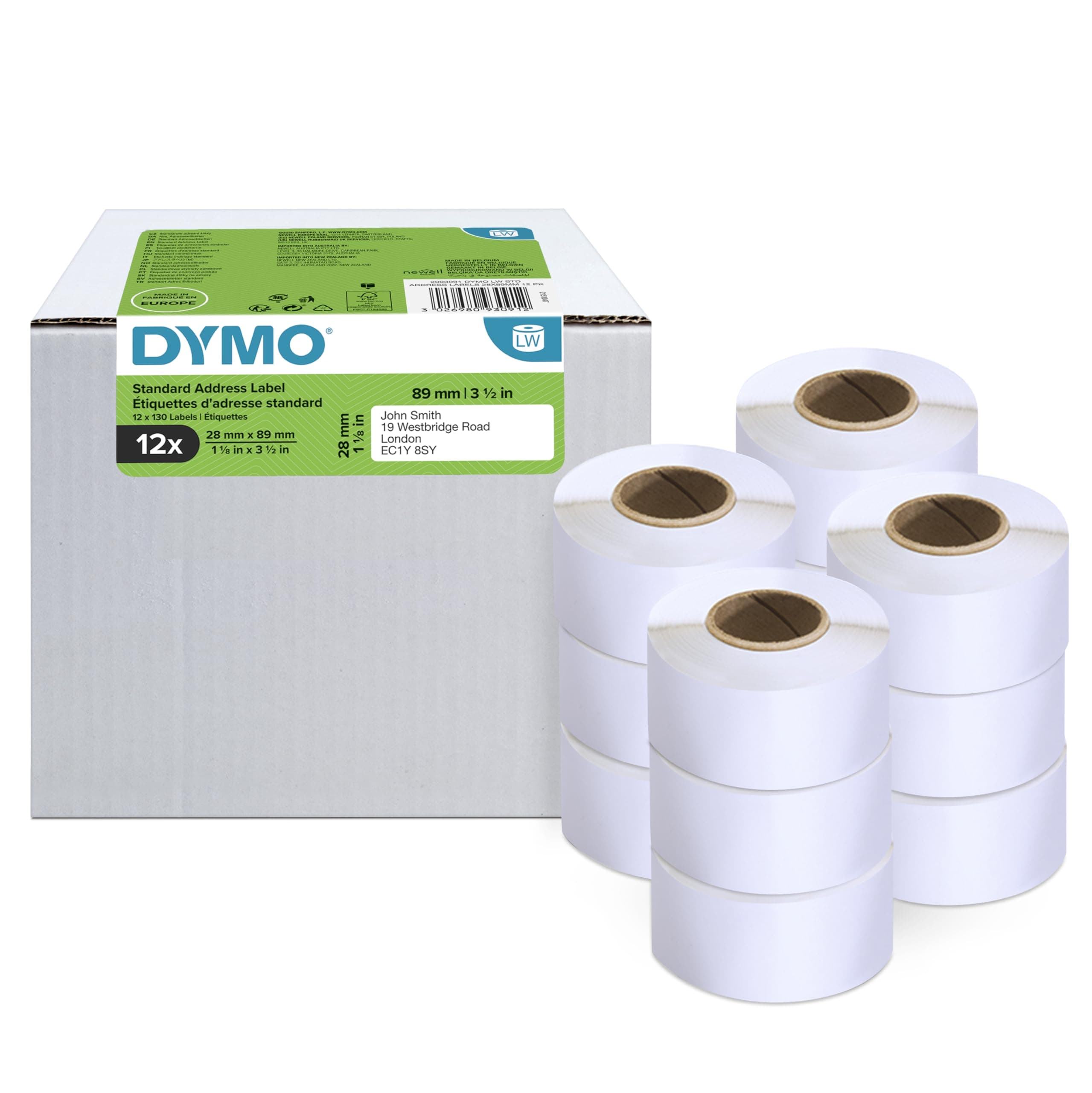 DYMO LW etichette originali per indirizzi | 28x89 mm | 12 rotoli da 130 etichette facili da staccare (1.560 pezzi) | autoadesive | per etichettatrici LabelWriter