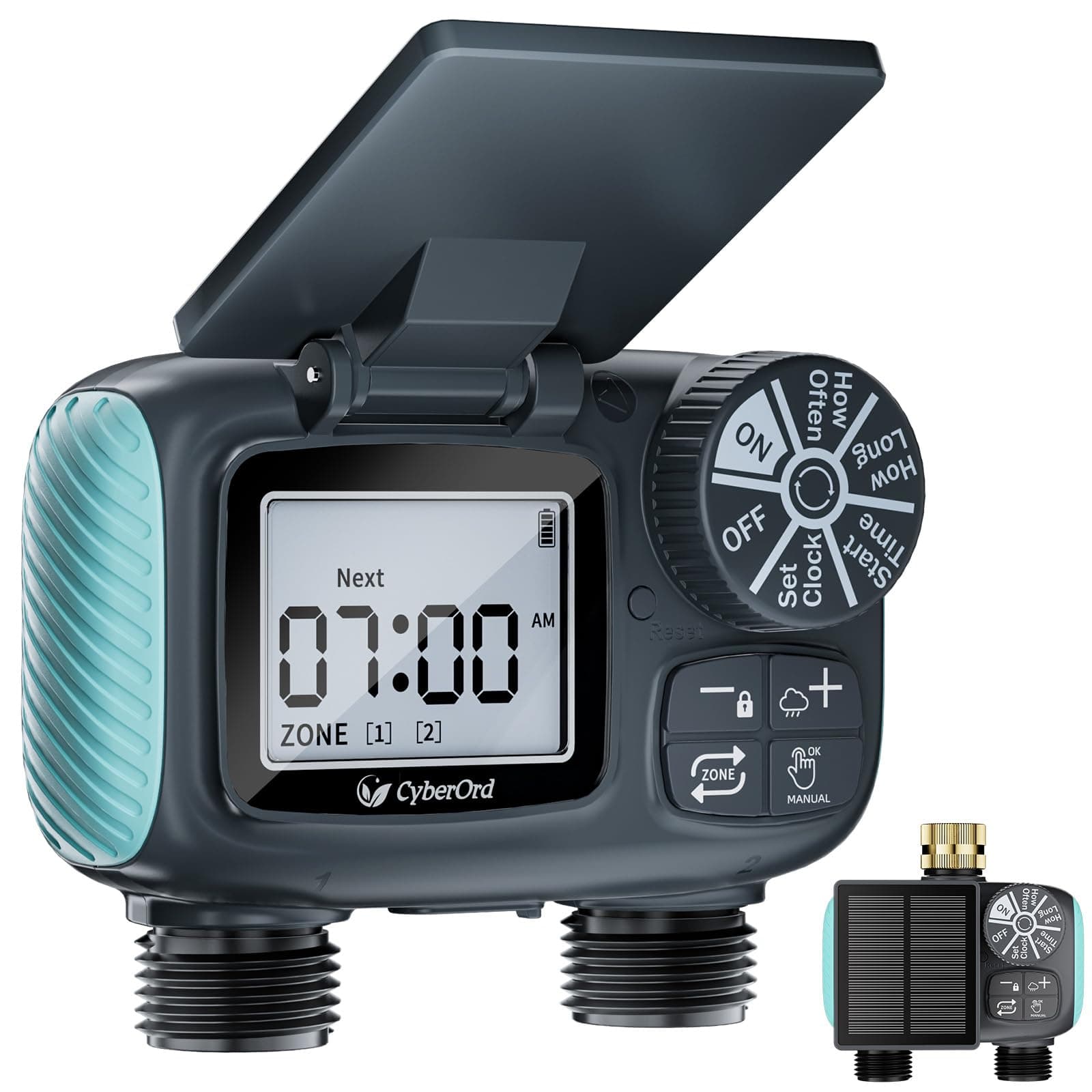 Programador de Riego Solar CyberOrd de 2 Zonas, Temporizador de Riego con Carga Solar, Sistema de Riego Automático con Modos Automático/Manual/Retraso por Lluvia para Césped/Ppatio/Jardín
