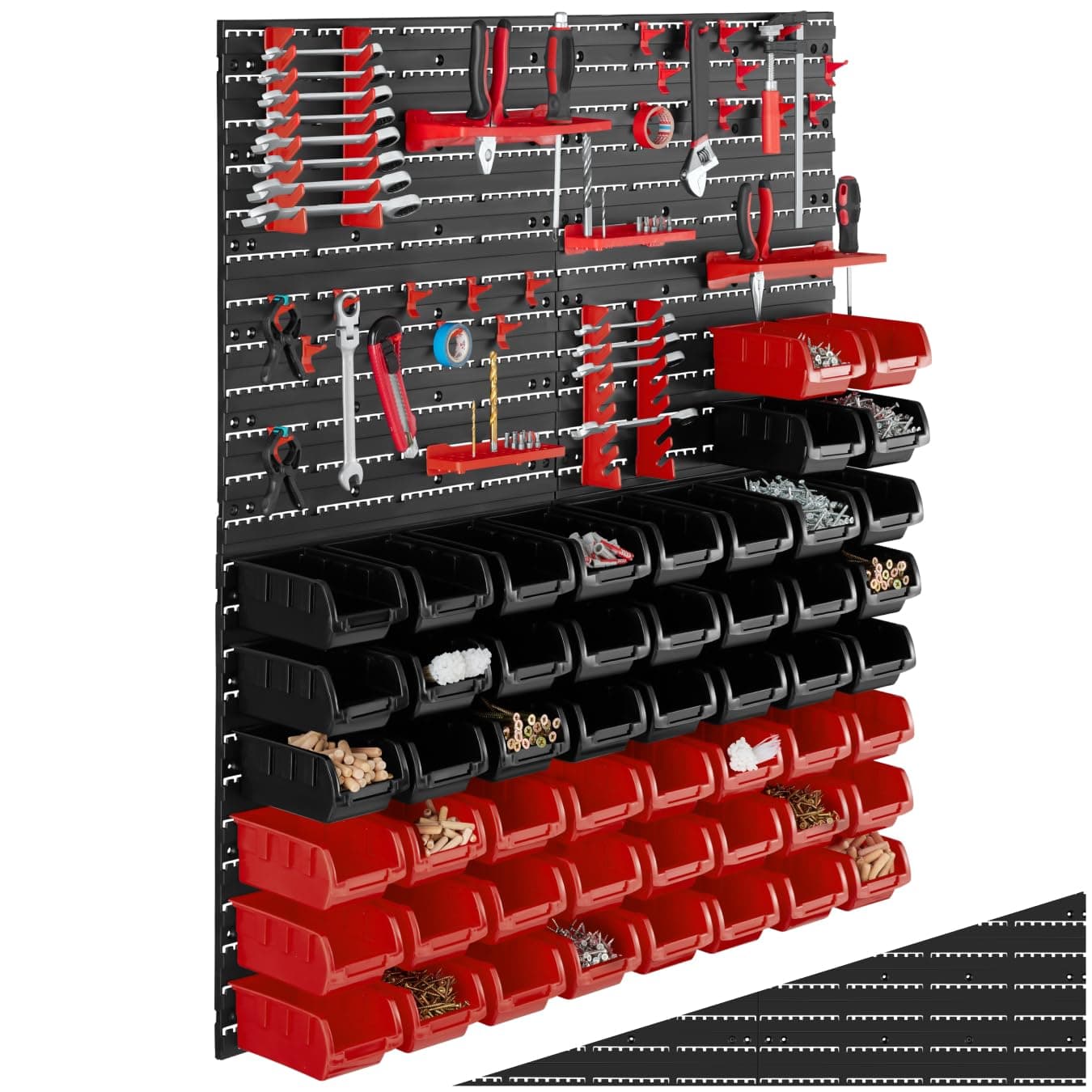 tectake® Kleinteilemagazin, flexibel erweiterbare Werkzeugwand, Lochwand Werkstatt mit 56 Stapelboxen, Sortierregal, Werkzeughalter Wand, Werkzeug Wandhalterung für Schrauben, Muttern - 2er Set