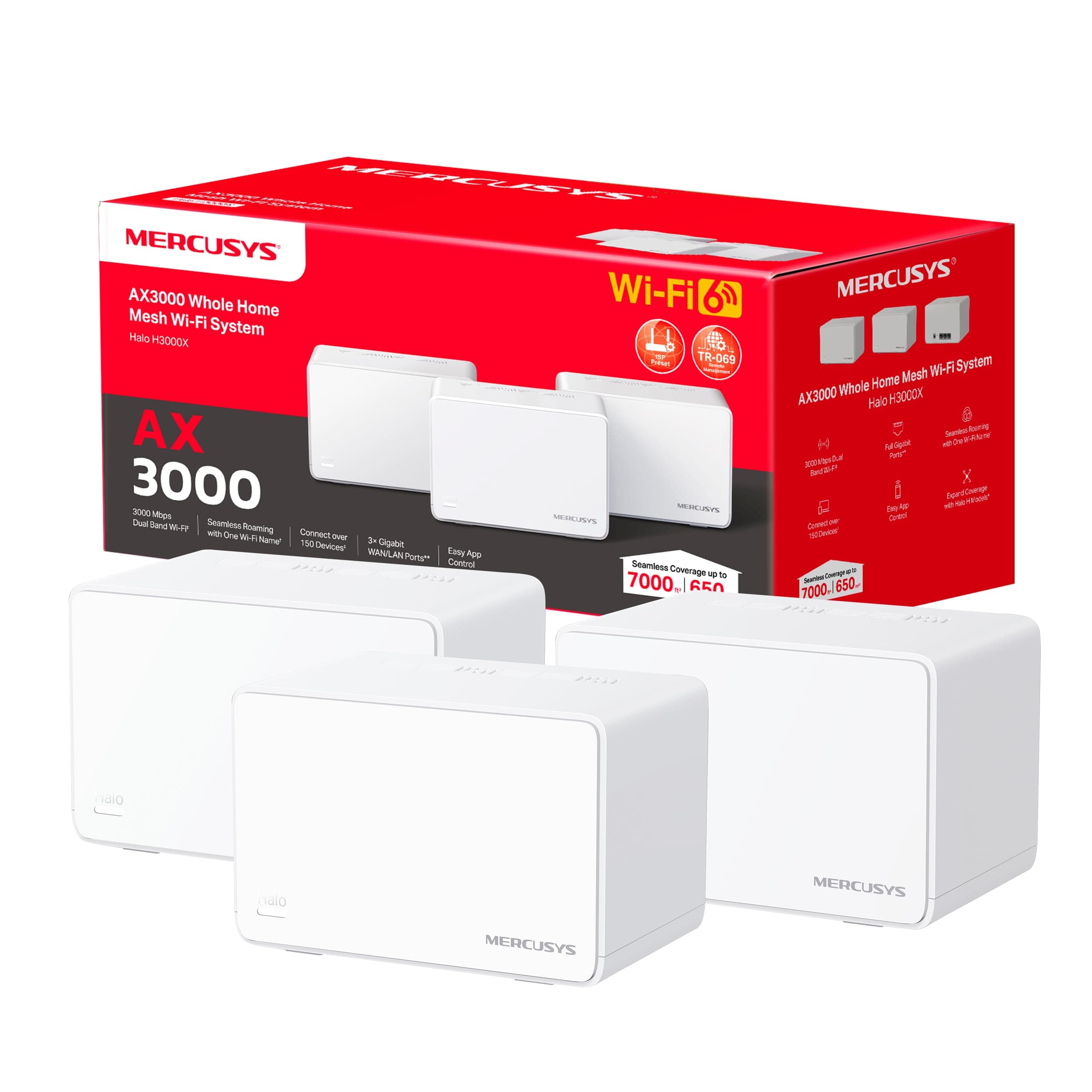 Mercusys Halo H3000X(3-Pack) - Router Mesh WiFi 6 AX3000, Doble Banda 2 4Ghz/5Ghz, 3X Puertos Gigabit, Cobertura hasta 650m², MU-MIMO,OFDMA, 1024-QAM