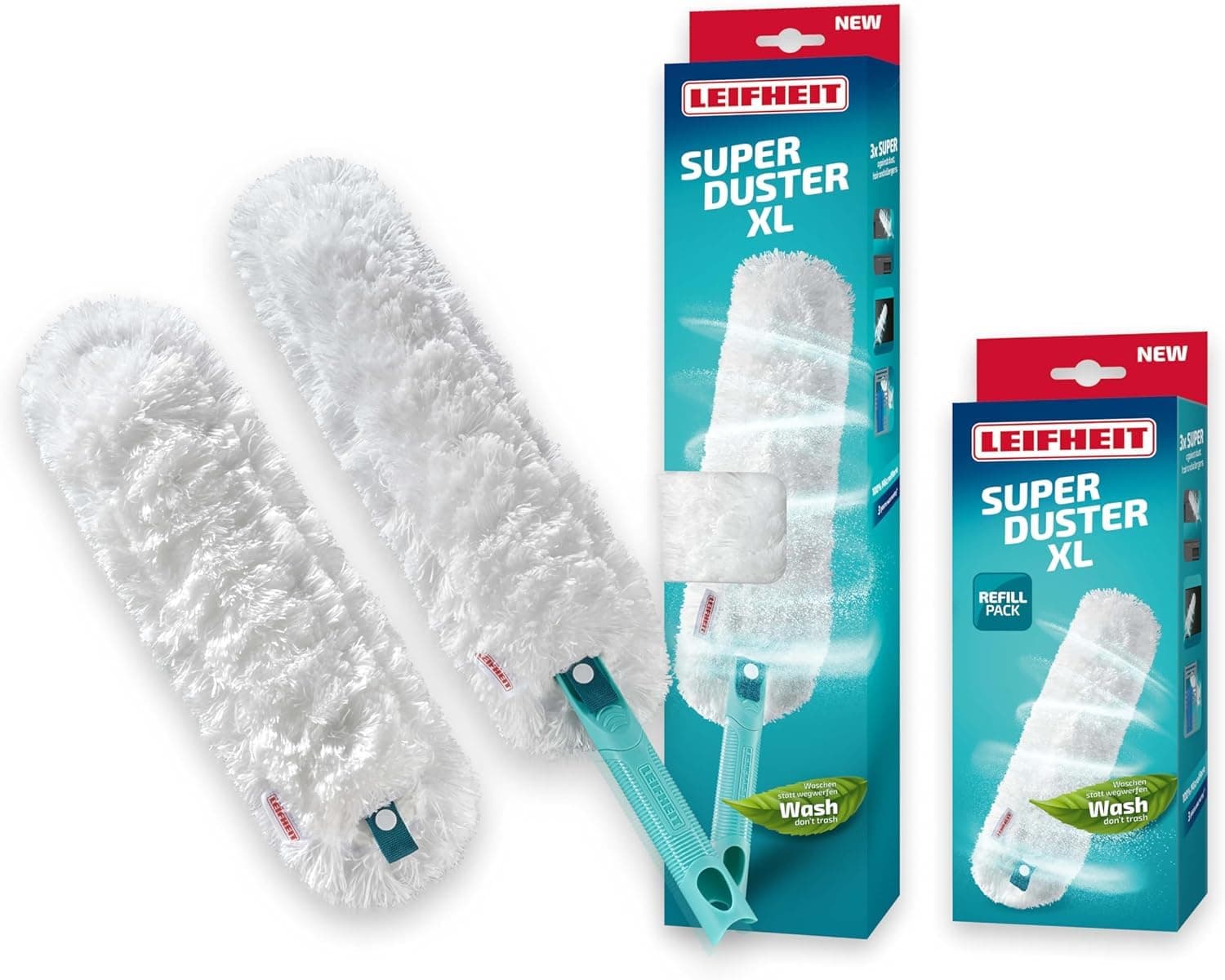 Leifheit SUPERDUSTER XL mit Ersatzbezug, Staubwedel waschbar mit 360 Grad-Mikrofaser-Bezug, Staubwischer kompatibel mit Click System, waschen statt wegwerfen